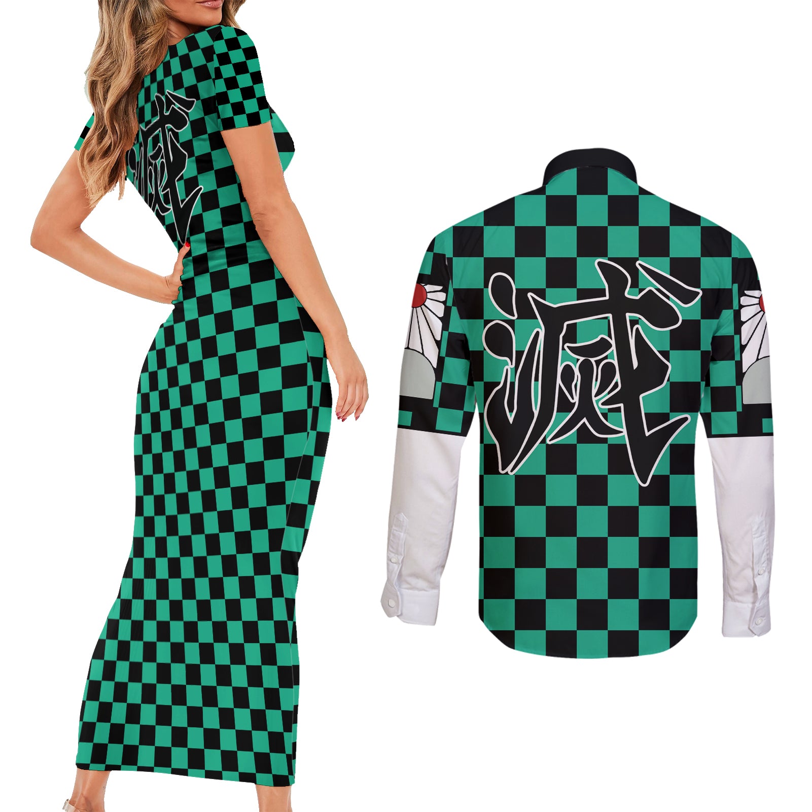 Kimetsu Tanjro Demon Slayer Couples Matching Short Sleeve Bodycon Dress and Long Sleeve Button Shirt Anime Style