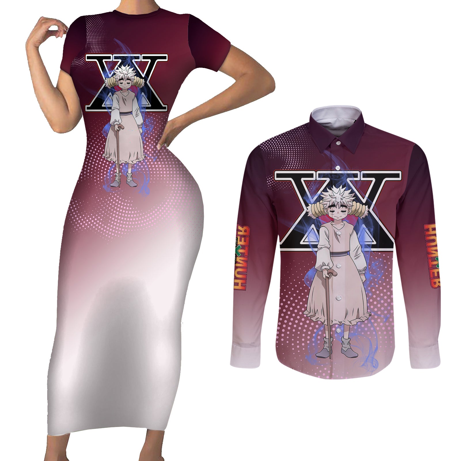 Komugi Hunter X Hunter Couples Matching Short Sleeve Bodycon Dress and Long Sleeve Button Shirt Anime Style