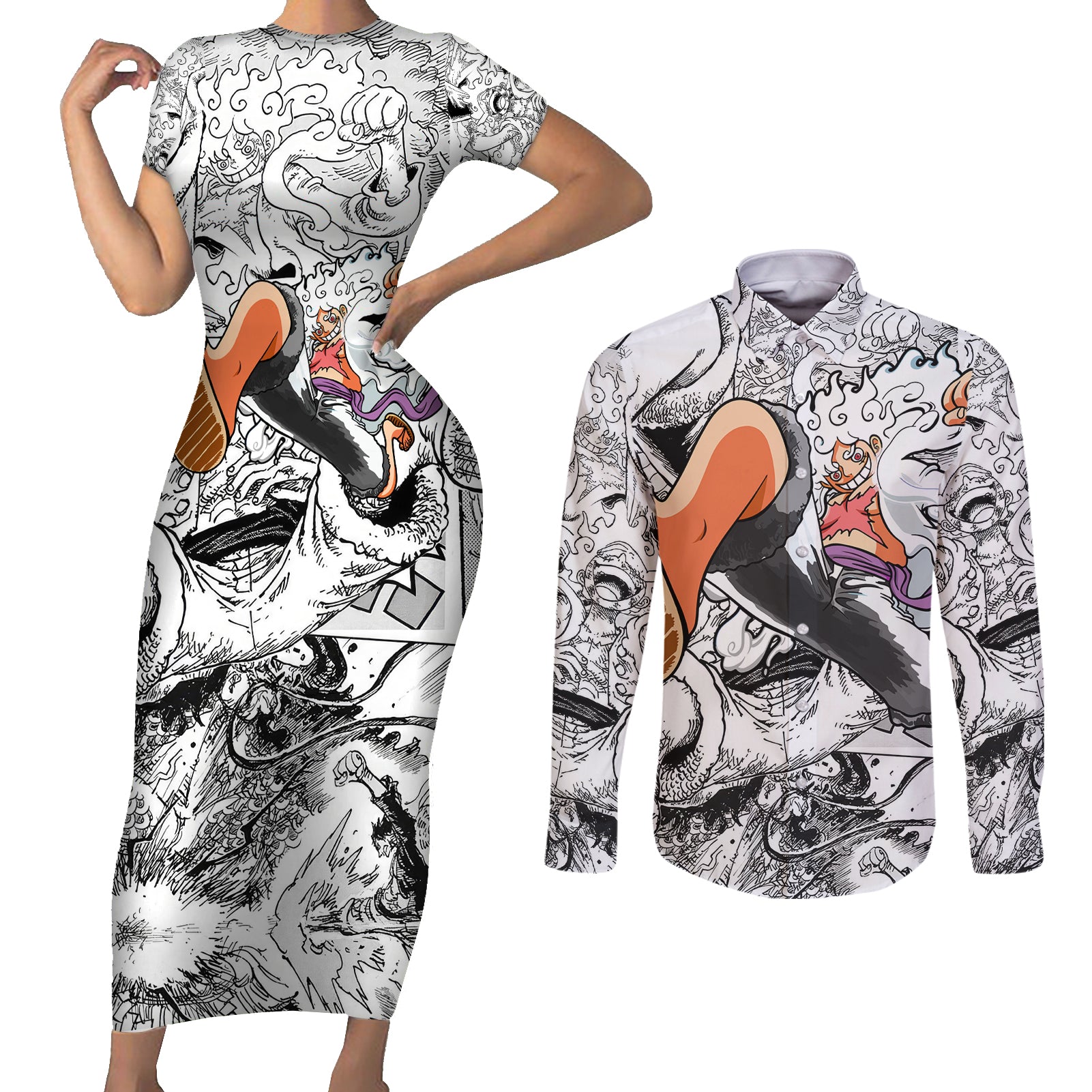 Luffy Gear 5 Nika One Piece Couples Matching Short Sleeve Bodycon Dress and Long Sleeve Button Shirt