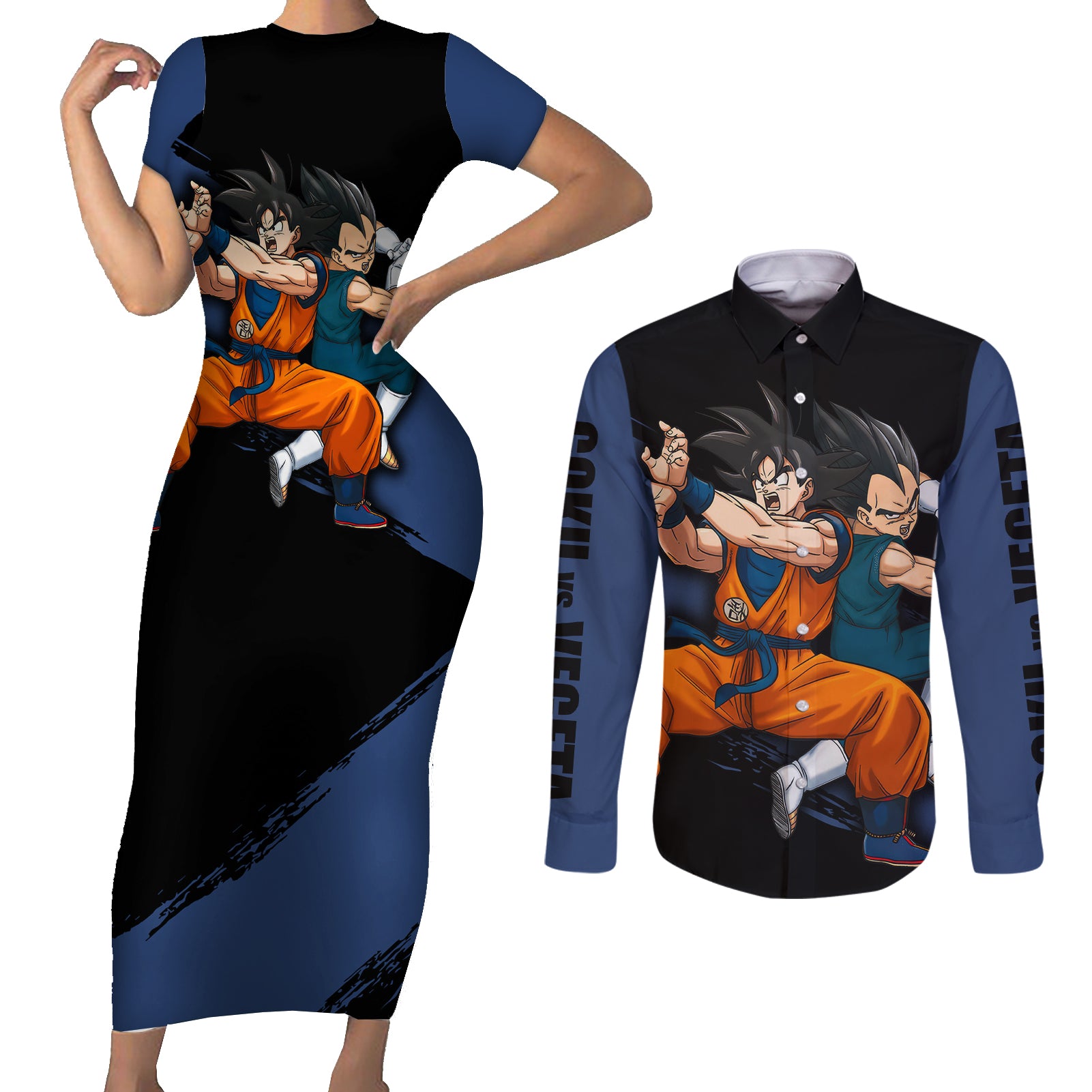 Goku and Vegeta Super Anime Couples Matching Short Sleeve Bodycon Dress and Long Sleeve Button Shirt