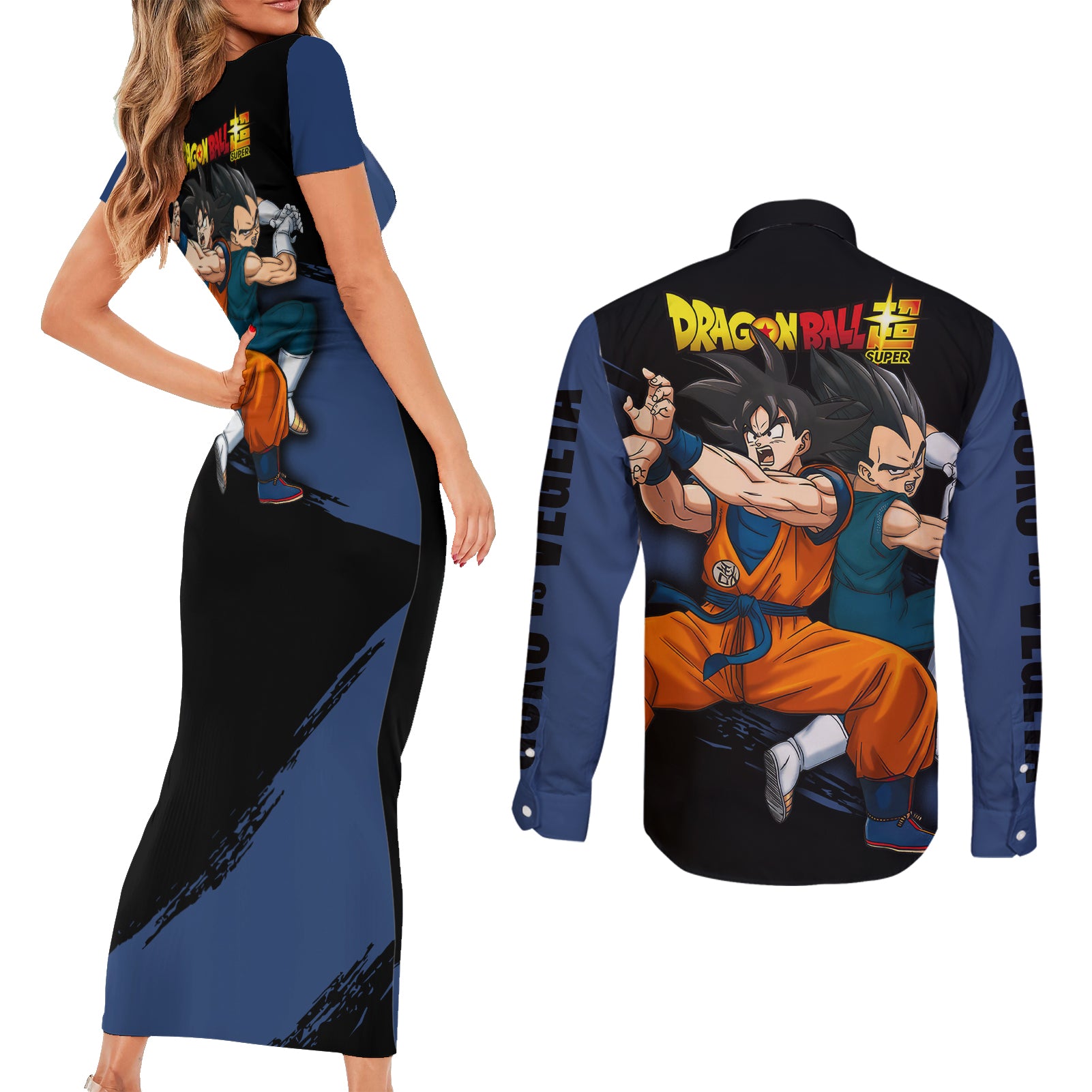 Goku and Vegeta Super Anime Couples Matching Short Sleeve Bodycon Dress and Long Sleeve Button Shirt