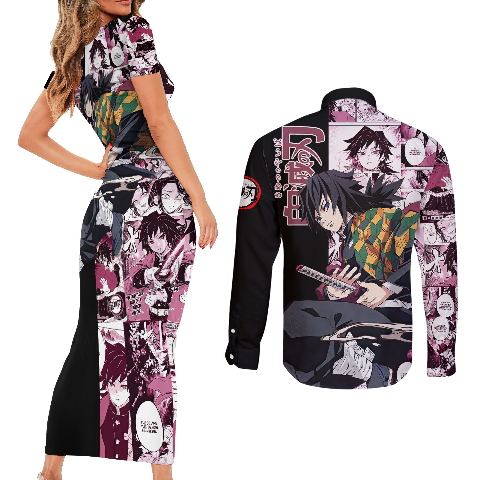 Giyu Tomioka Demon Slayer Couples Matching Short Sleeve Bodycon Dress and Long Sleeve Button Shirt Anime Mix Manga Style