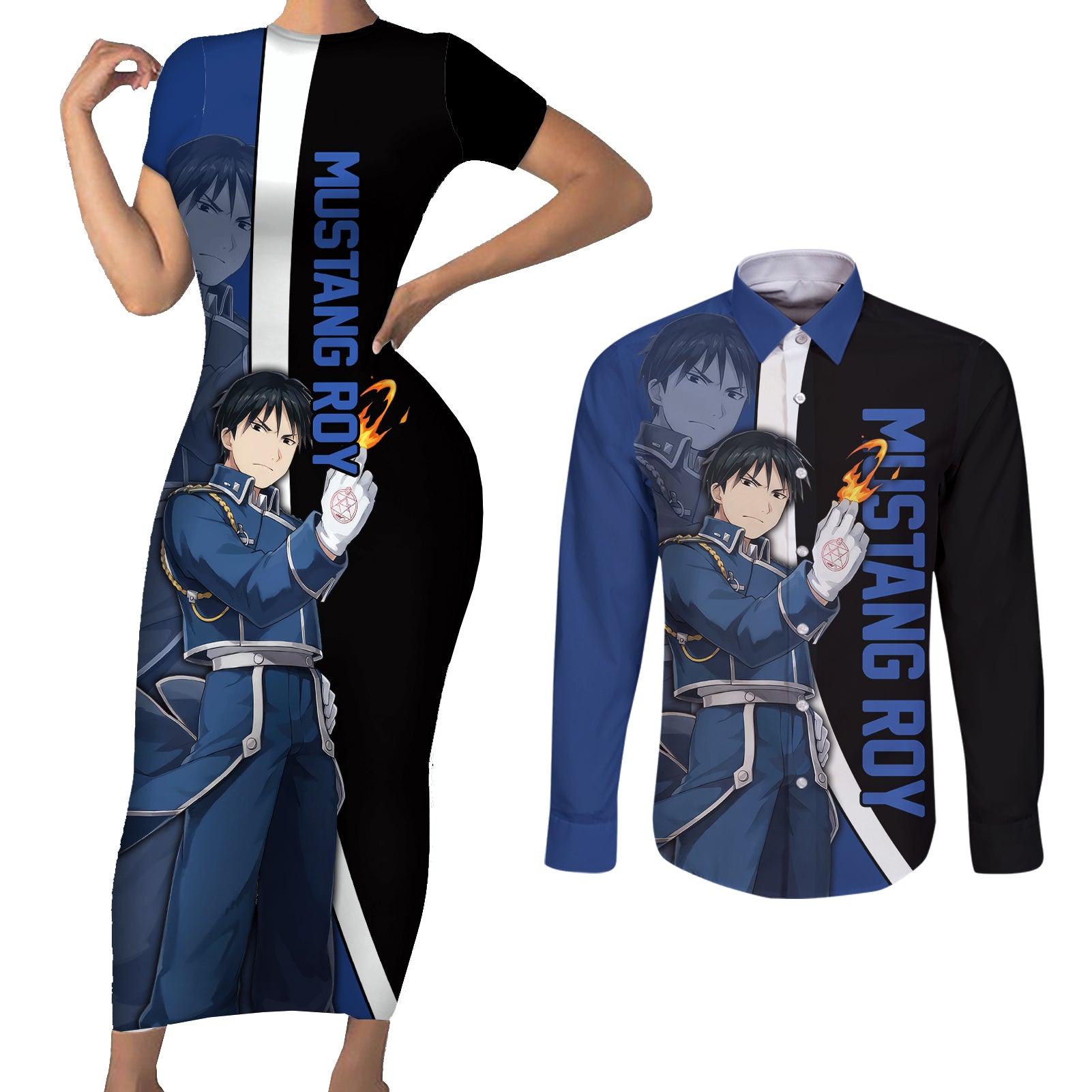 Mustang Roy - Fullmetal Alchemist Couples Matching Short Sleeve Bodycon Dress and Long Sleeve Button Shirt Anime Style