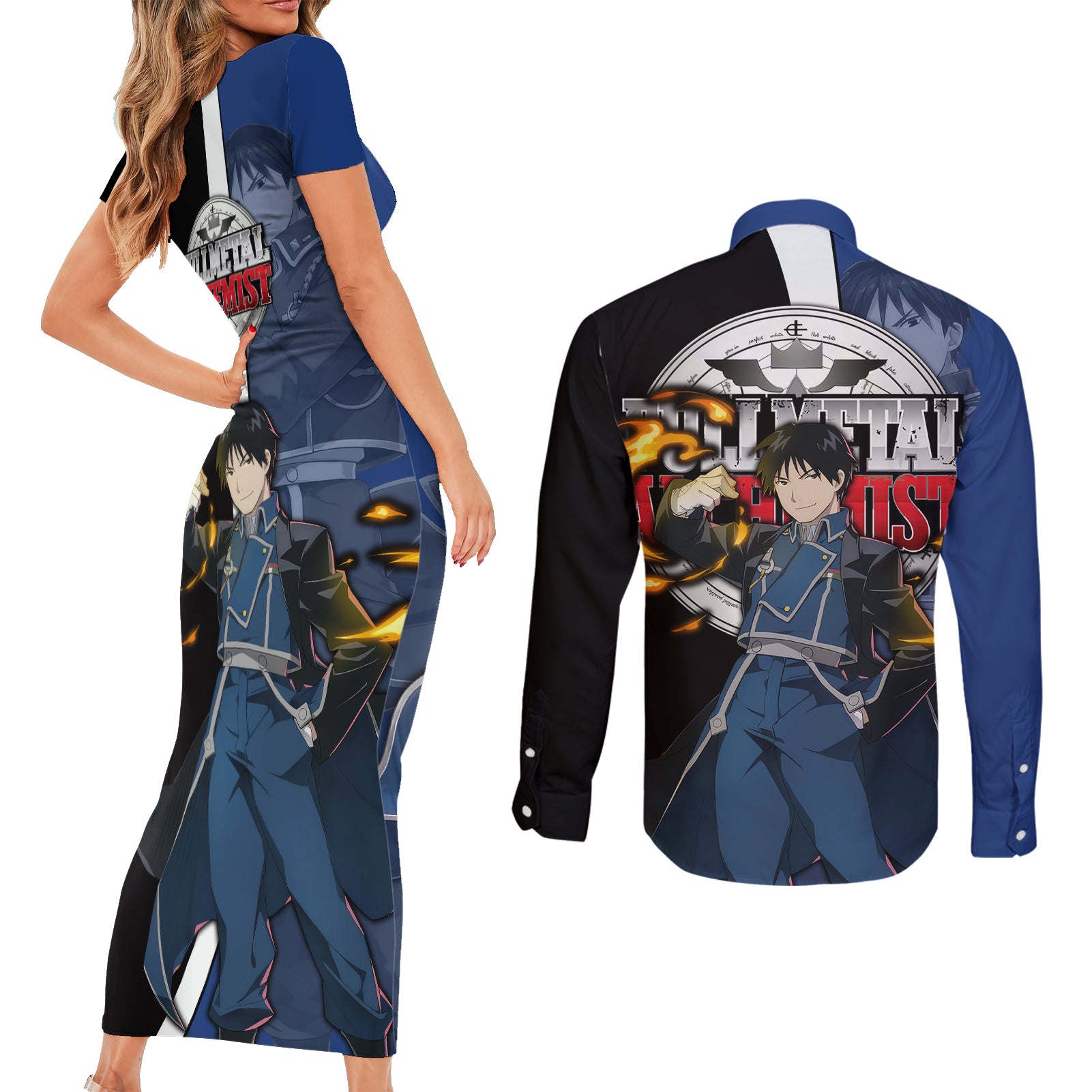 Mustang Roy - Fullmetal Alchemist Couples Matching Short Sleeve Bodycon Dress and Long Sleeve Button Shirt Anime Style