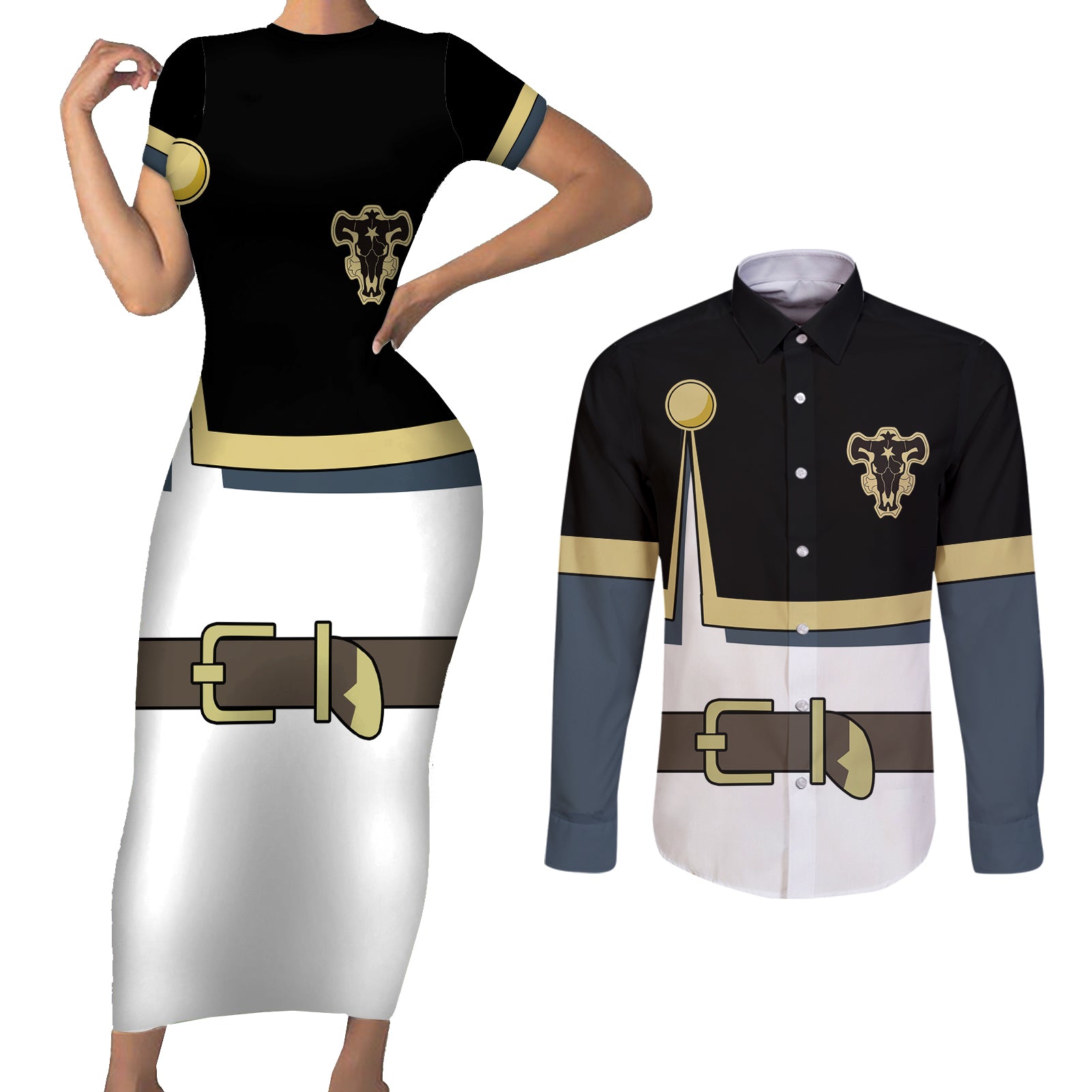 Black Bull Asta Couples Matching Short Sleeve Bodycon Dress and Long Sleeve Button Shirt