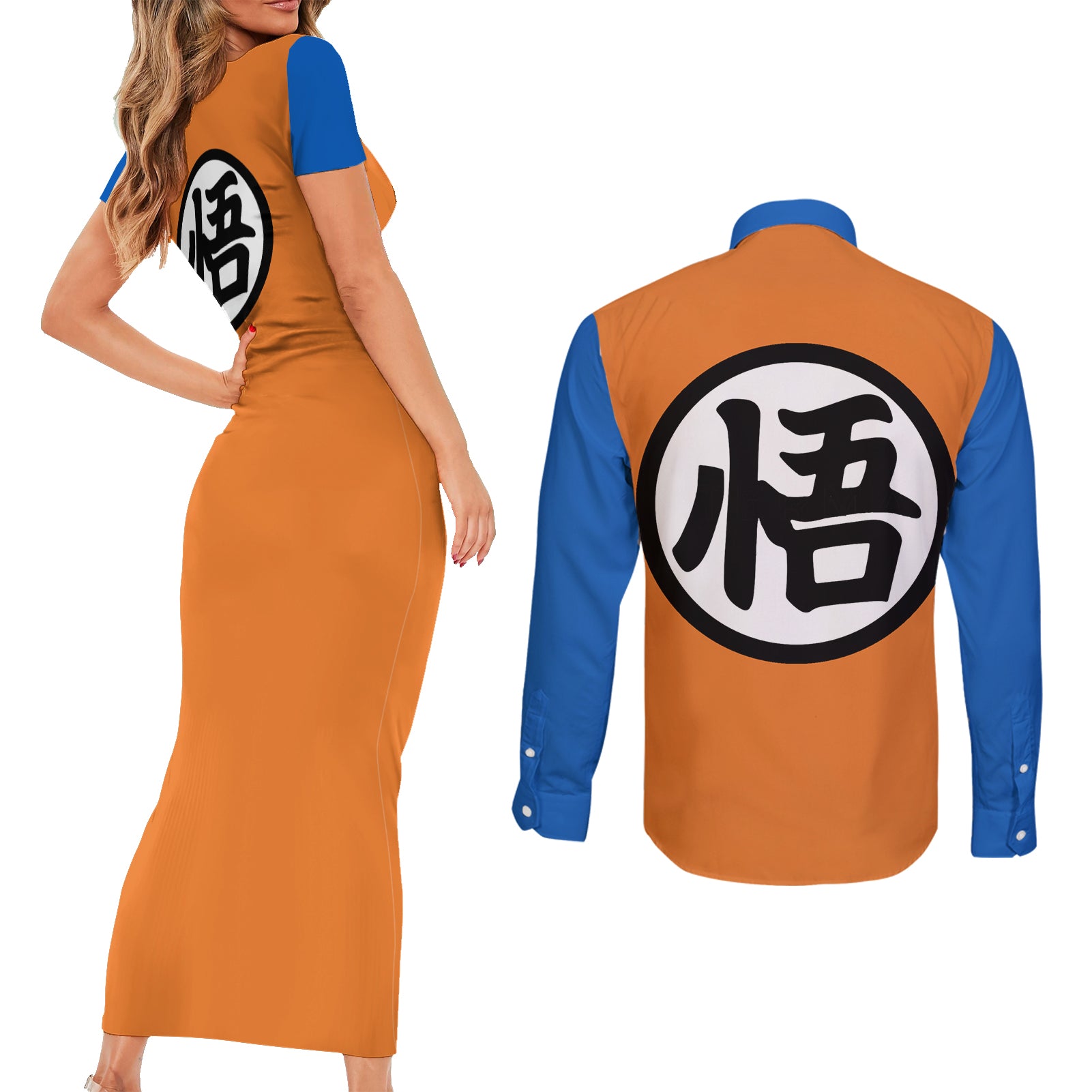 Goku Kanji Symbol Dragon Ball Anime Couples Matching Short Sleeve Bodycon Dress and Long Sleeve Button Shirt