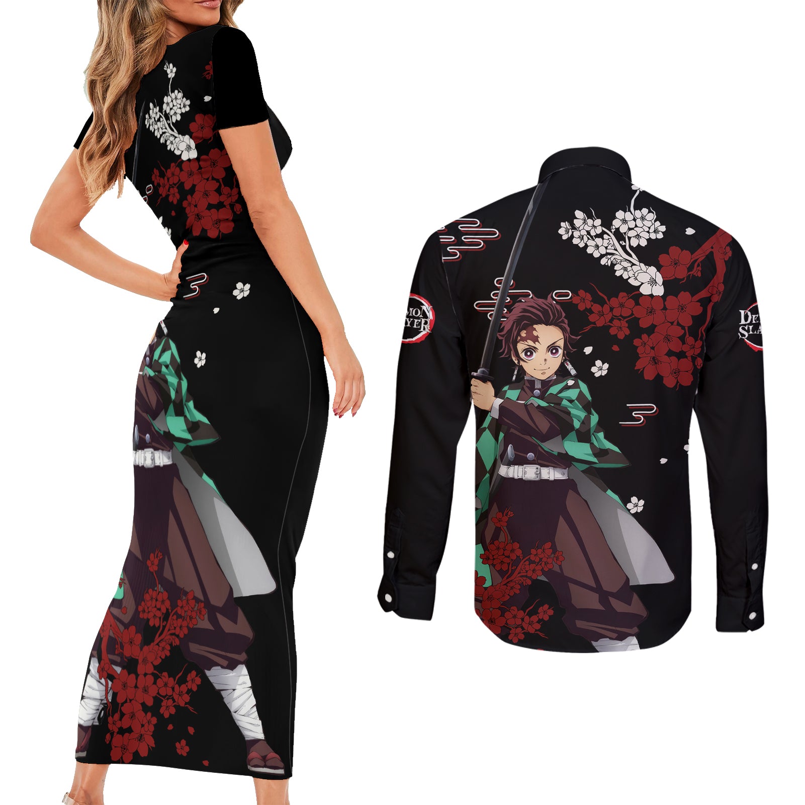 Tanjiro Kamado Japan Style Couples Matching Short Sleeve Bodycon Dress and Long Sleeve Button Shirt