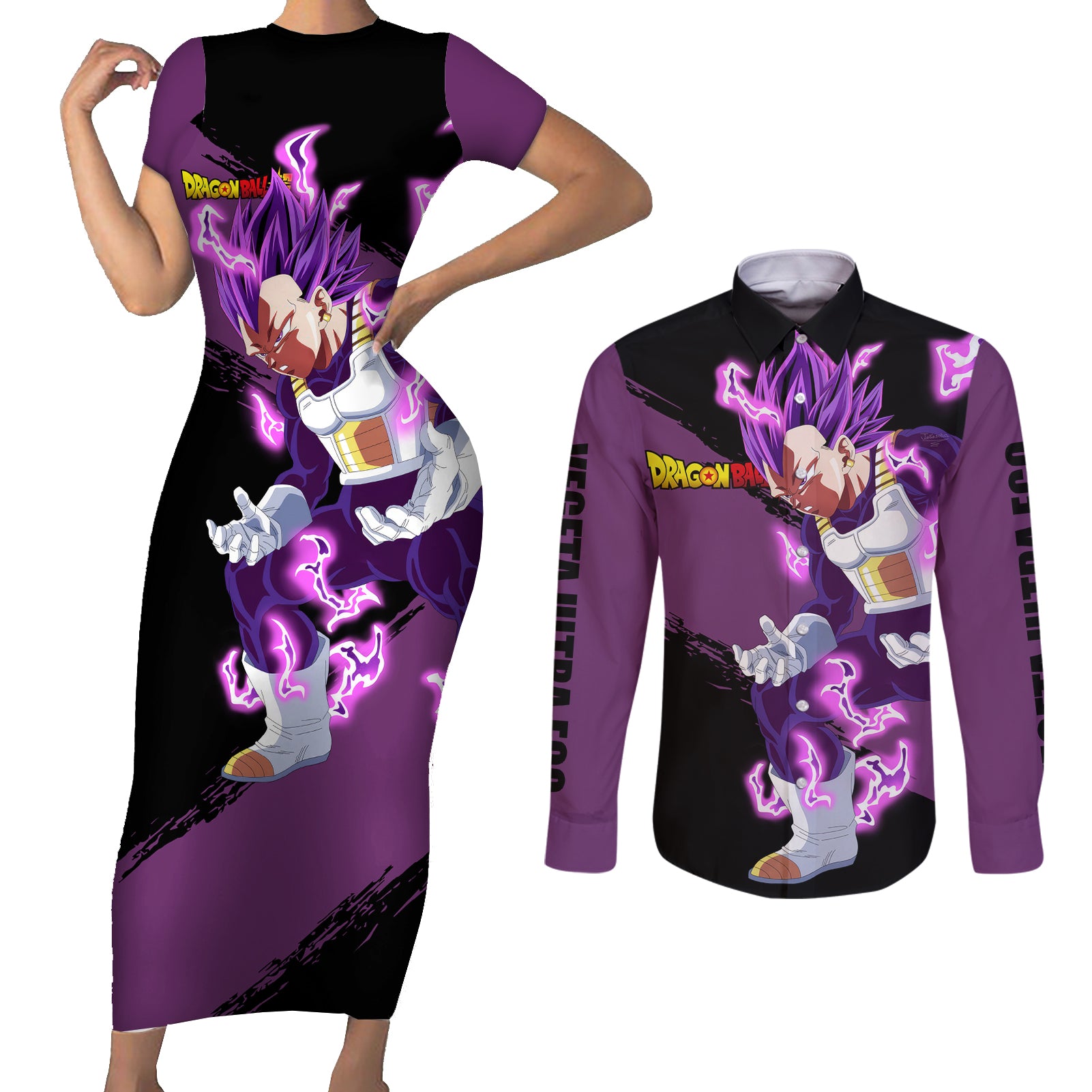 Vegeta Ultra Ego Dragon Ball Couples Matching Short Sleeve Bodycon Dress and Long Sleeve Button Shirt