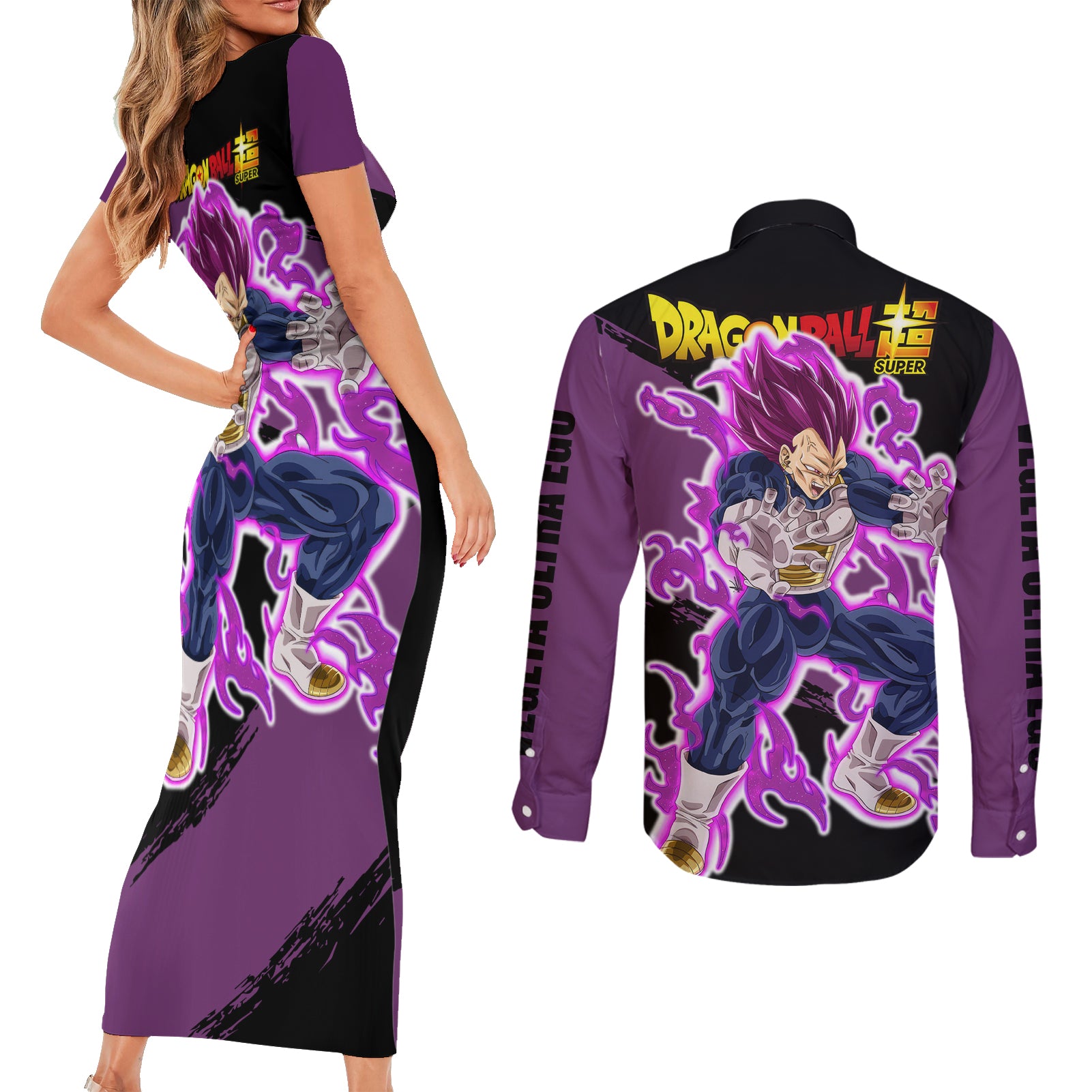 Vegeta Ultra Ego Dragon Ball Couples Matching Short Sleeve Bodycon Dress and Long Sleeve Button Shirt