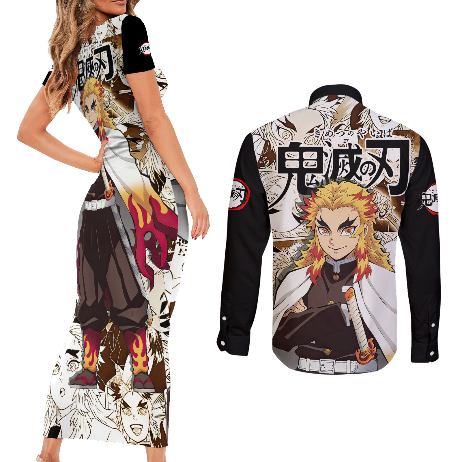 Kyojuro Rengoku Demon Slayer Couples Matching Short Sleeve Bodycon Dress and Long Sleeve Button Shirt Anime Mix Manga Style
