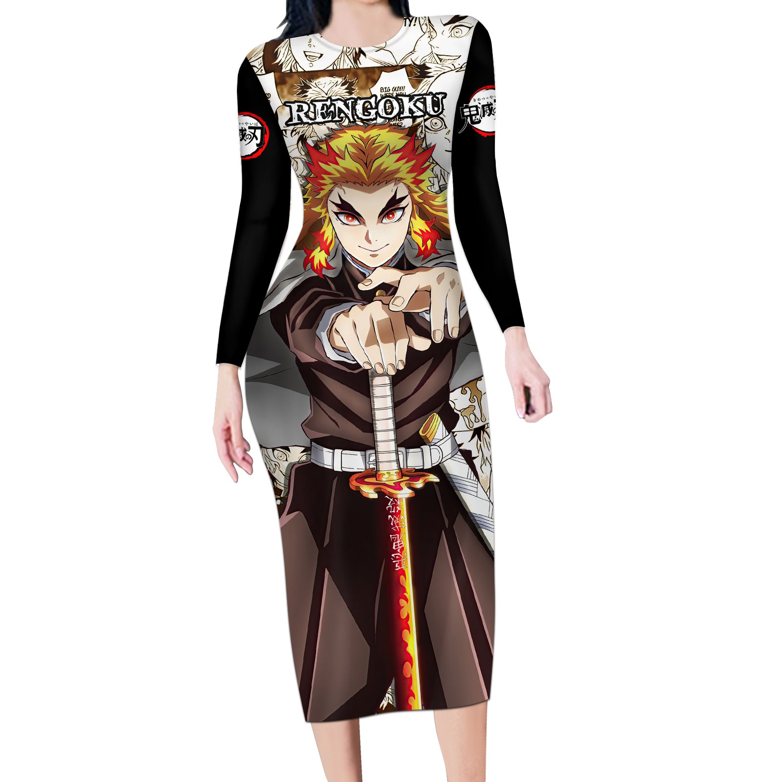 Kyojuro Rengoku Demon Slayer Long Sleeve Bodycon Dress Anime Mix Manga Style