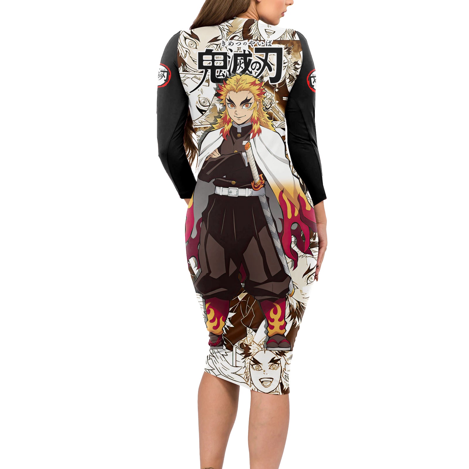 Kyojuro Rengoku Demon Slayer Long Sleeve Bodycon Dress Anime Mix Manga Style