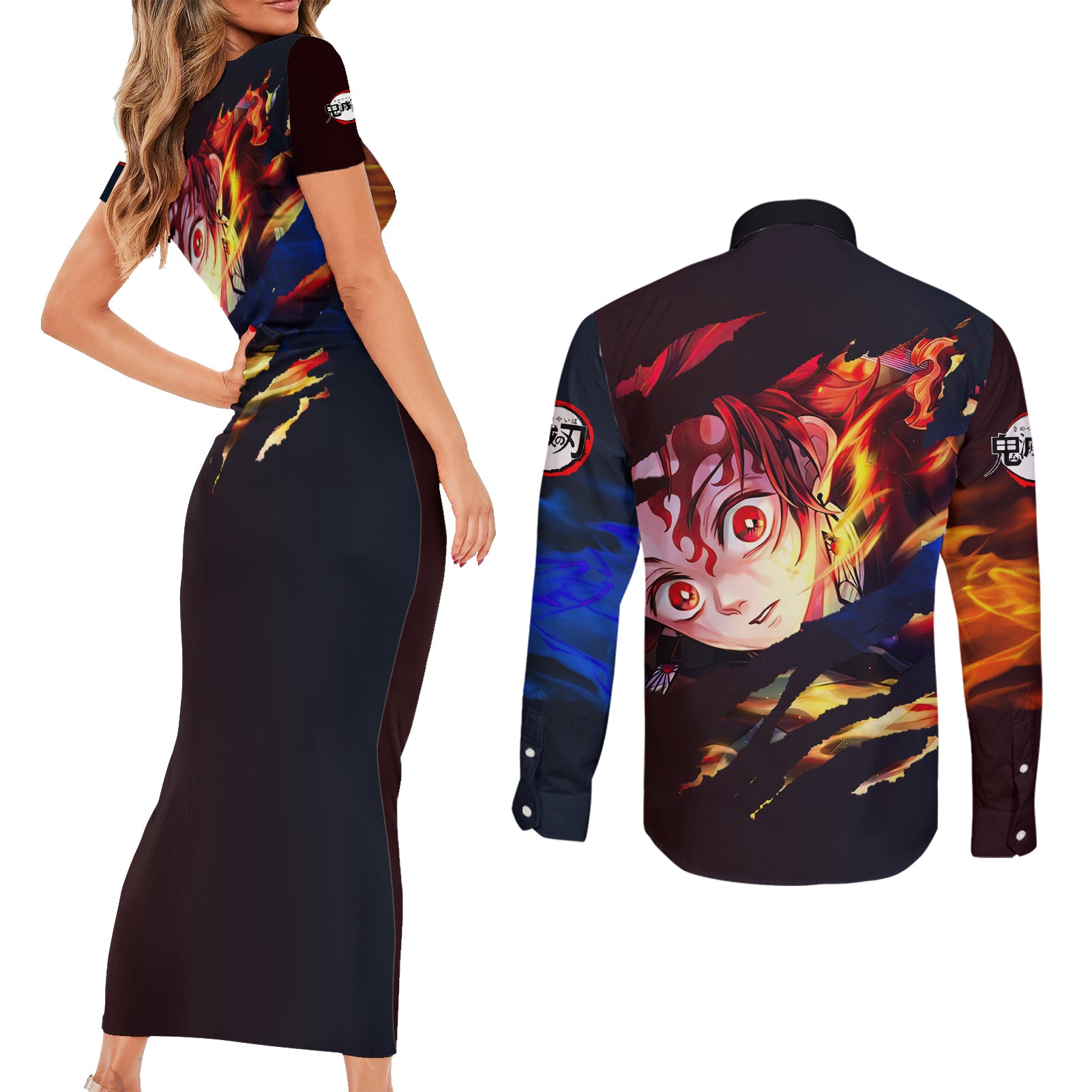 Tanjiro Water and Sun Breathing Demon Slayer Couples Matching Short Sleeve Bodycon Dress and Long Sleeve Button Shirt Anime Style