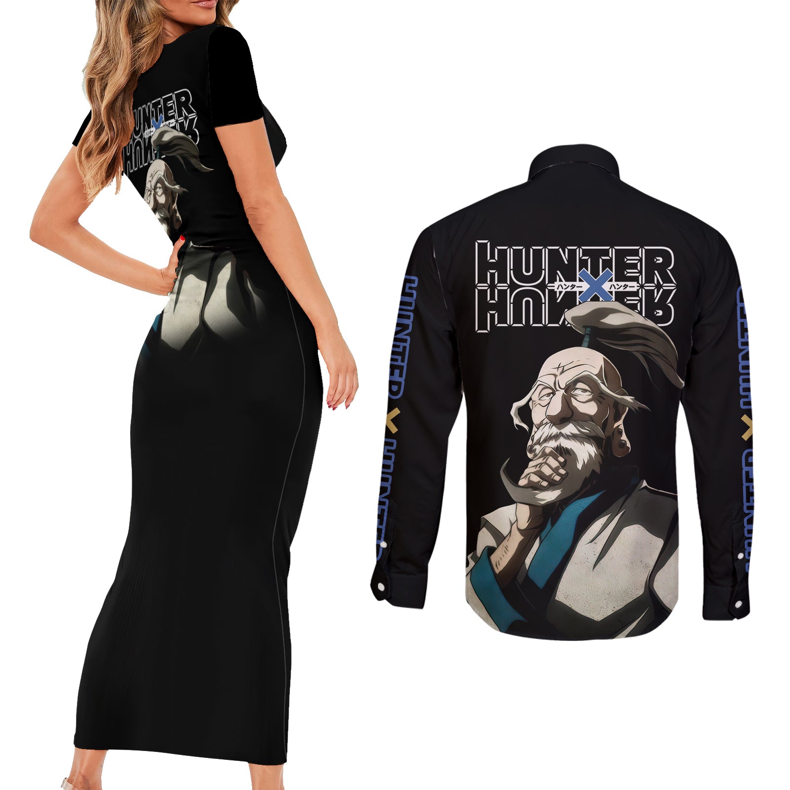 Netero Isaac - Hunter X Hunter Couples Matching Short Sleeve Bodycon Dress and Long Sleeve Button Shirt Anime Style