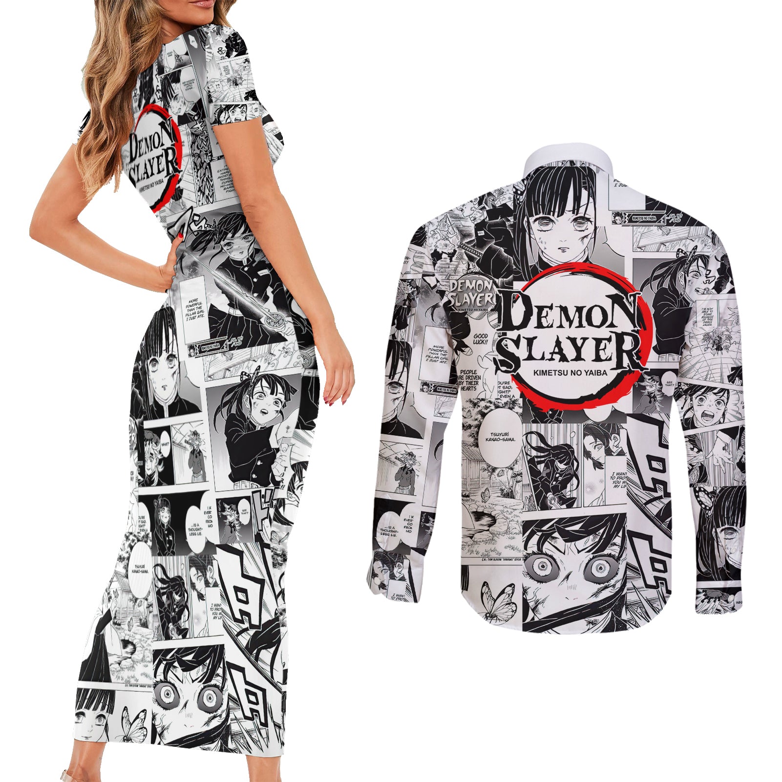 Kanao Tsuyuri Demon Slayer Couples Matching Short Sleeve Bodycon Dress and Long Sleeve Button Shirt Anime Mix Manga Style