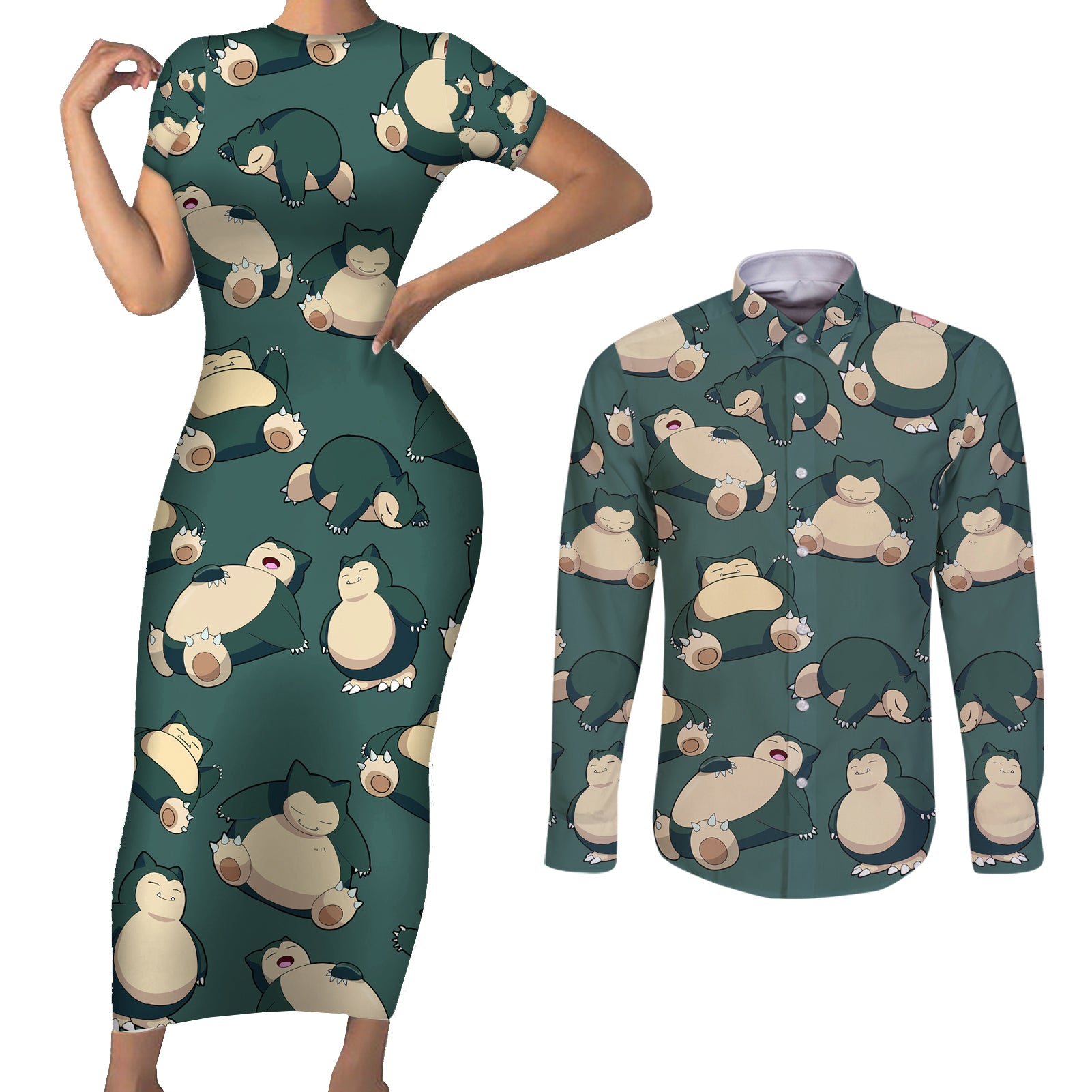 Snorlax Pattern Style Couples Matching Short Sleeve Bodycon Dress and Long Sleeve Button Shirt