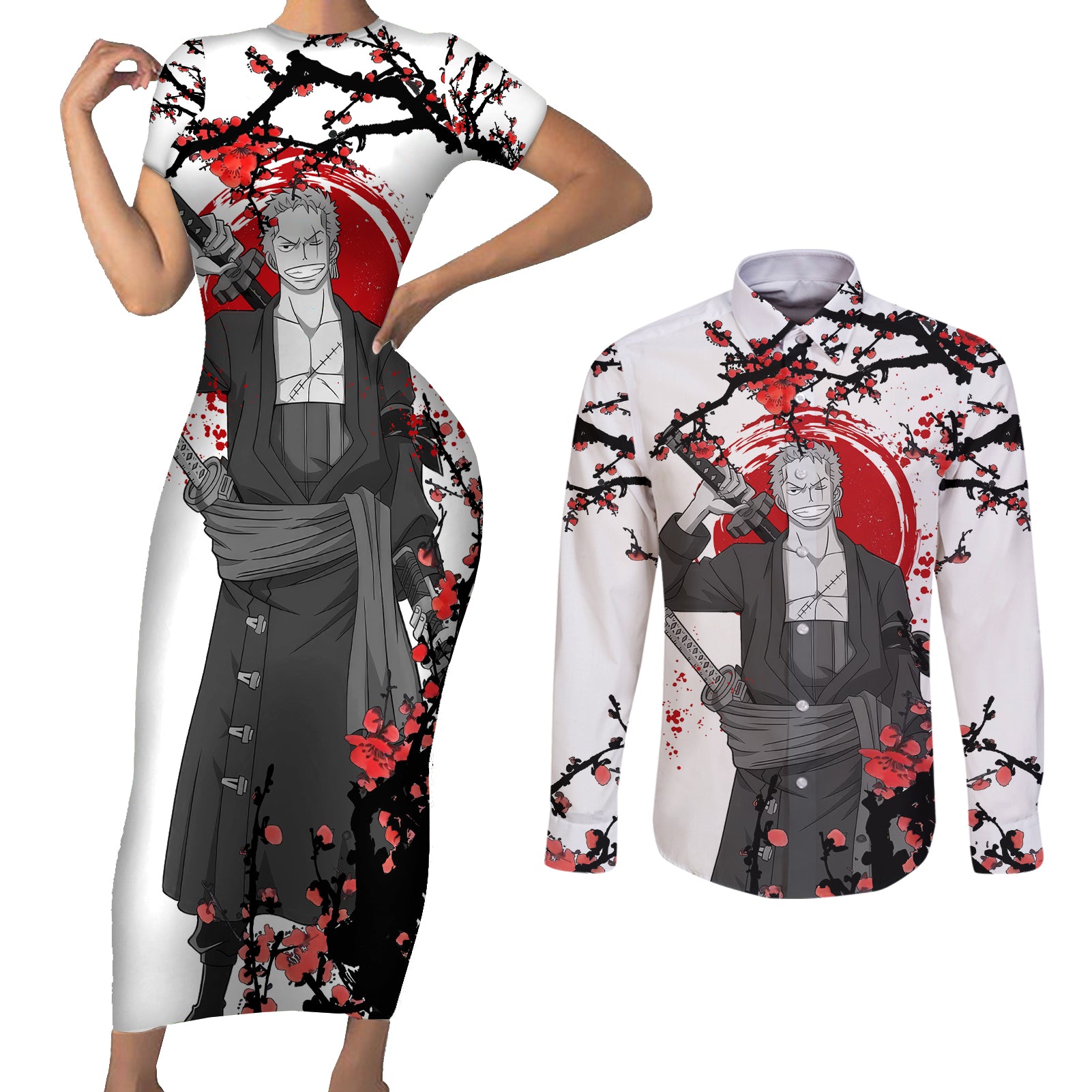 Roronoa Zoro Anime One Piece Japan Style Couples Matching Short Sleeve Bodycon Dress and Long Sleeve Button Shirt