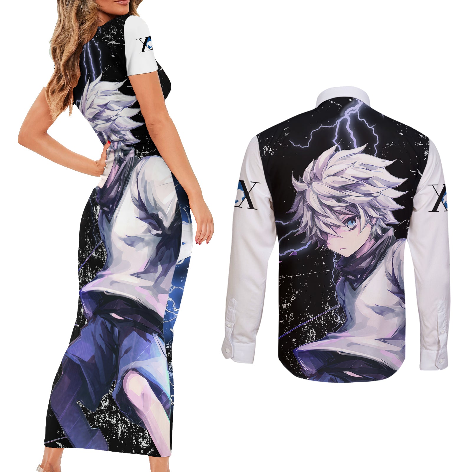 Killua Zoldyck Couples Matching Short Sleeve Bodycon Dress and Long Sleeve Button Shirt