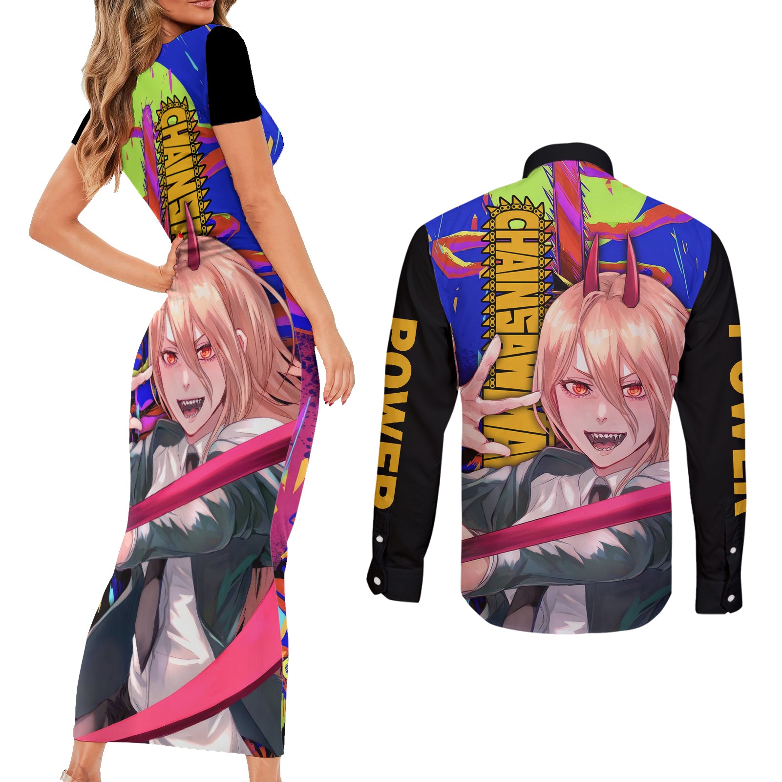 Power Chansaw Man Couples Matching Short Sleeve Bodycon Dress and Long Sleeve Button Shirt
