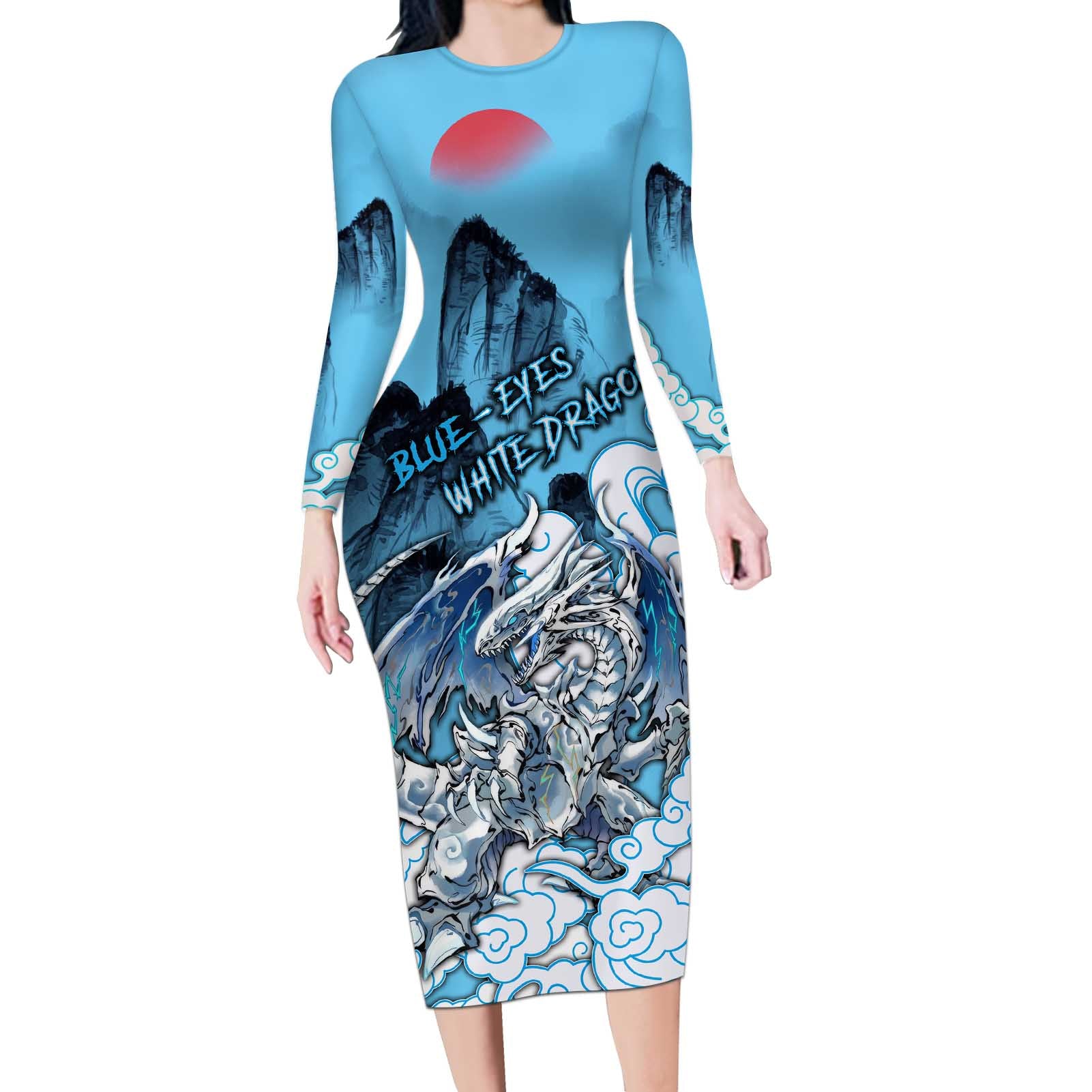 Blue-Eyes White Dragon Long Sleeve Bodycon Dress Anime Japan Art Style