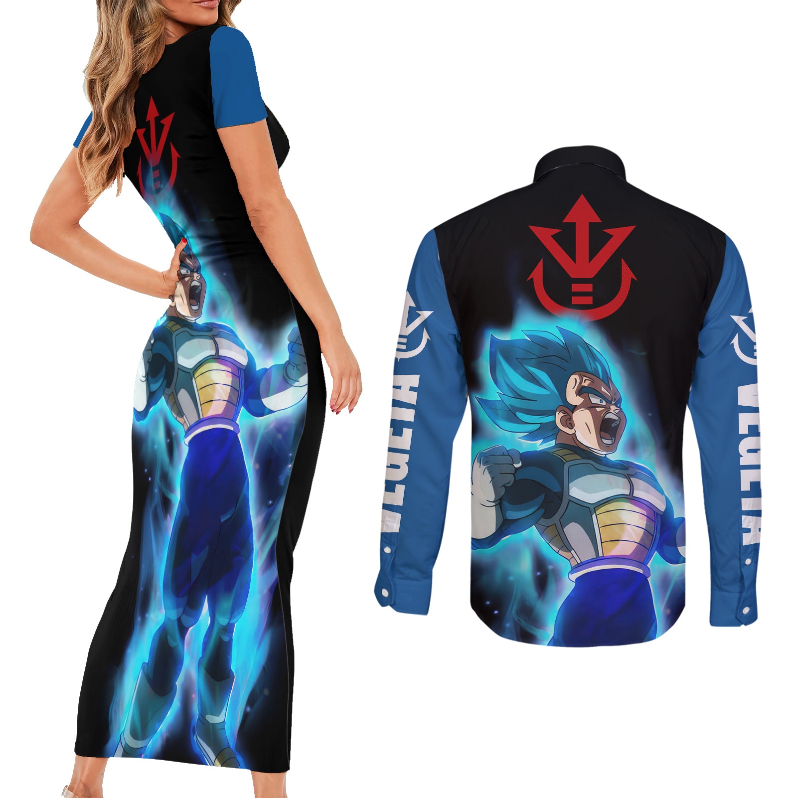 Vegeta Blue Dragon Ball Anime Couples Matching Short Sleeve Bodycon Dress and Long Sleeve Button Shirt