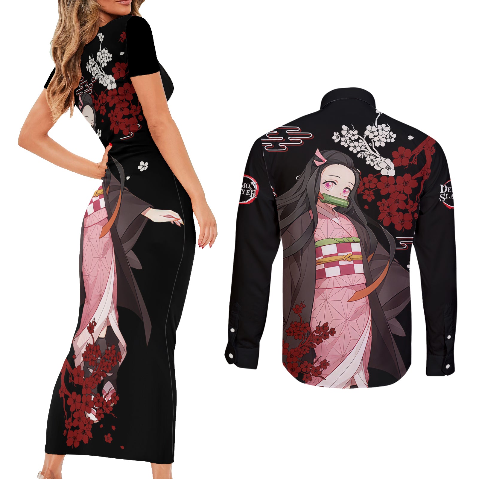 Nezuko Kamado Hoodie Demon Slayer Couples Matching Short Sleeve Bodycon Dress and Long Sleeve Button Shirt