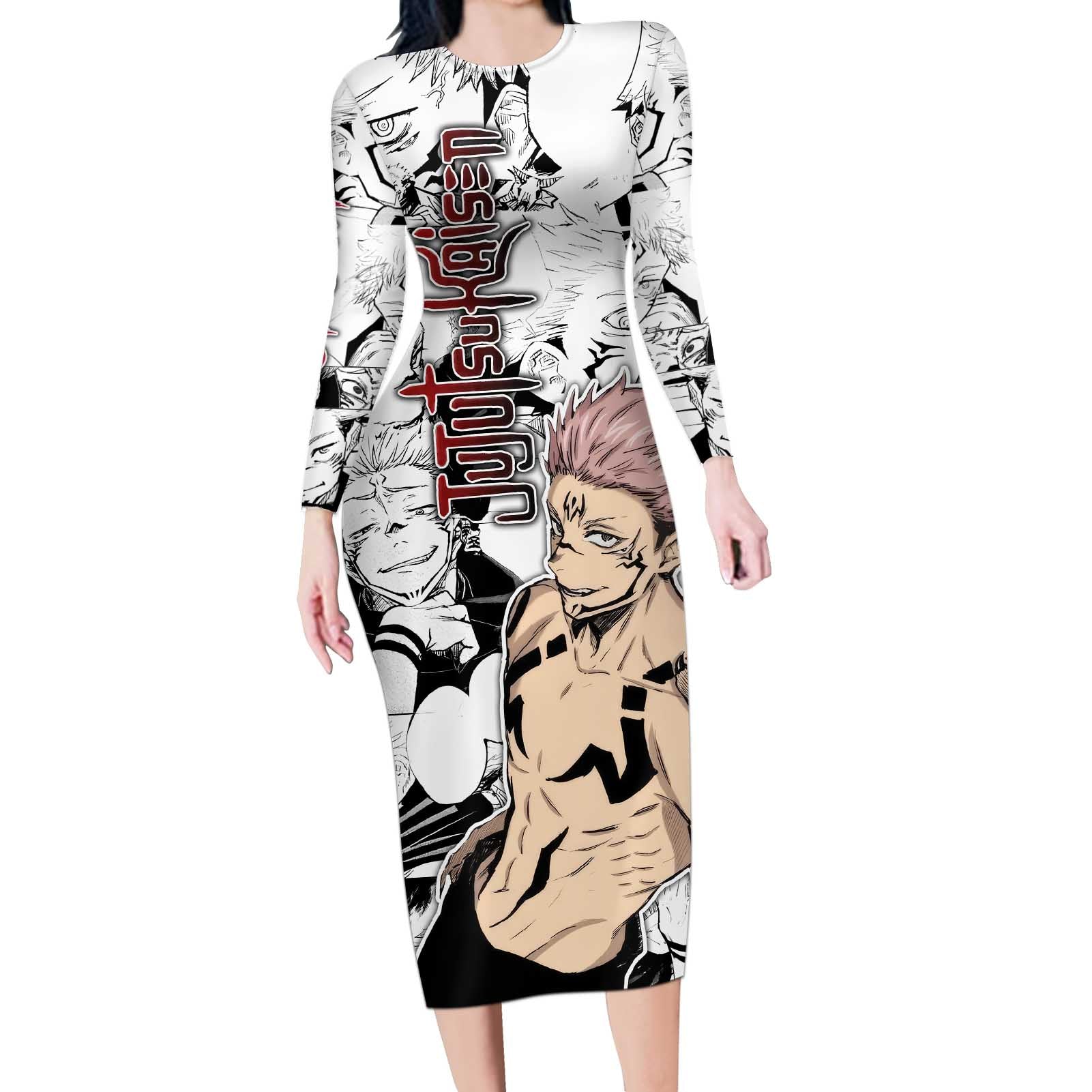 Sukuna - Jujutsu Kaisen Long Sleeve Bodycon Dress Pattern Anime Mix Manga Style