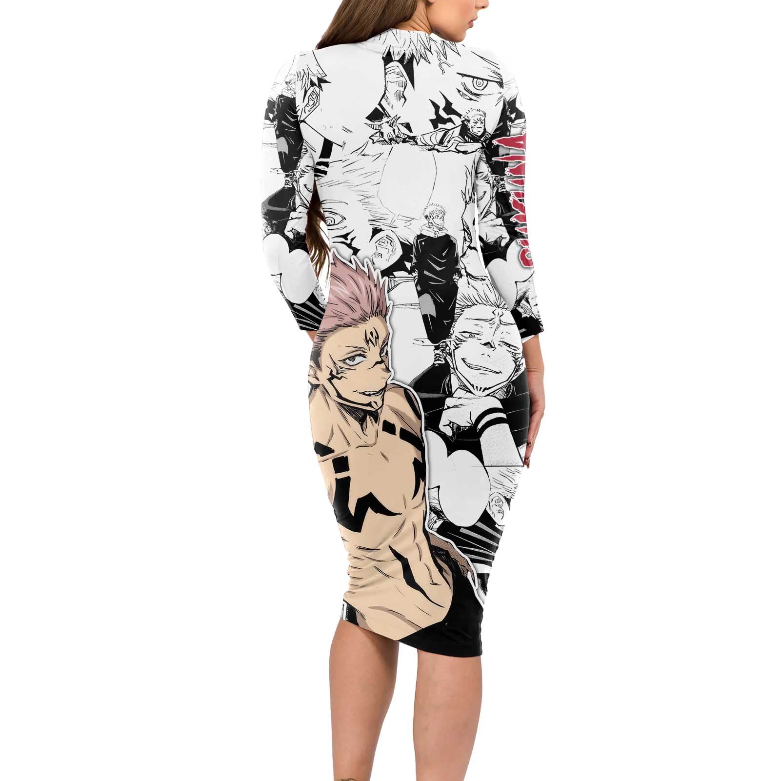 Sukuna - Jujutsu Kaisen Long Sleeve Bodycon Dress Pattern Anime Mix Manga Style