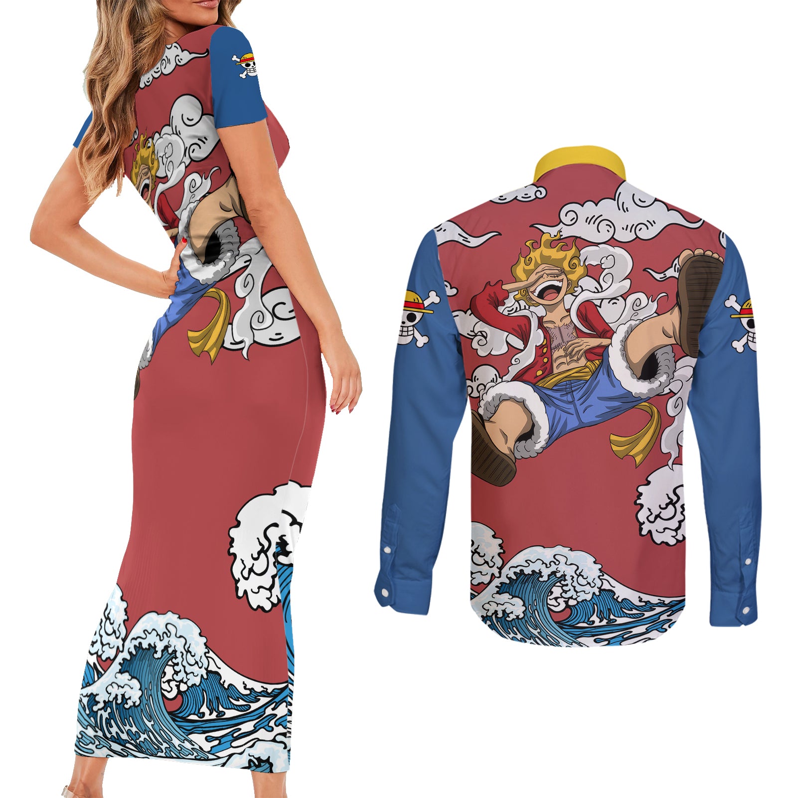 Monkey D. Luffy One Piece Gear 5 Awakening Couples Matching Short Sleeve Bodycon Dress and Long Sleeve Button Shirt