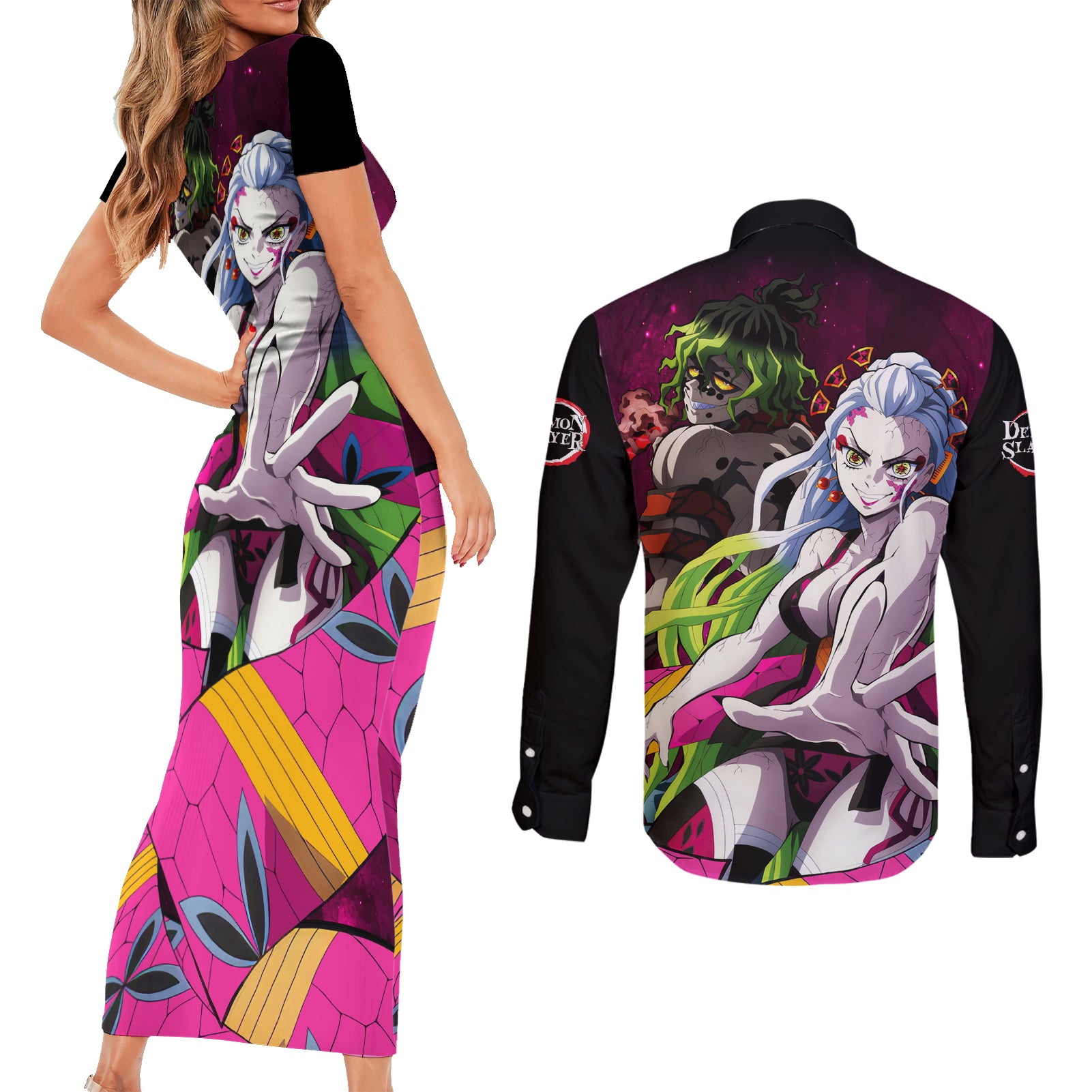 Gyutaro and Daki Couples Matching Short Sleeve Bodycon Dress and Long Sleeve Button Shirt