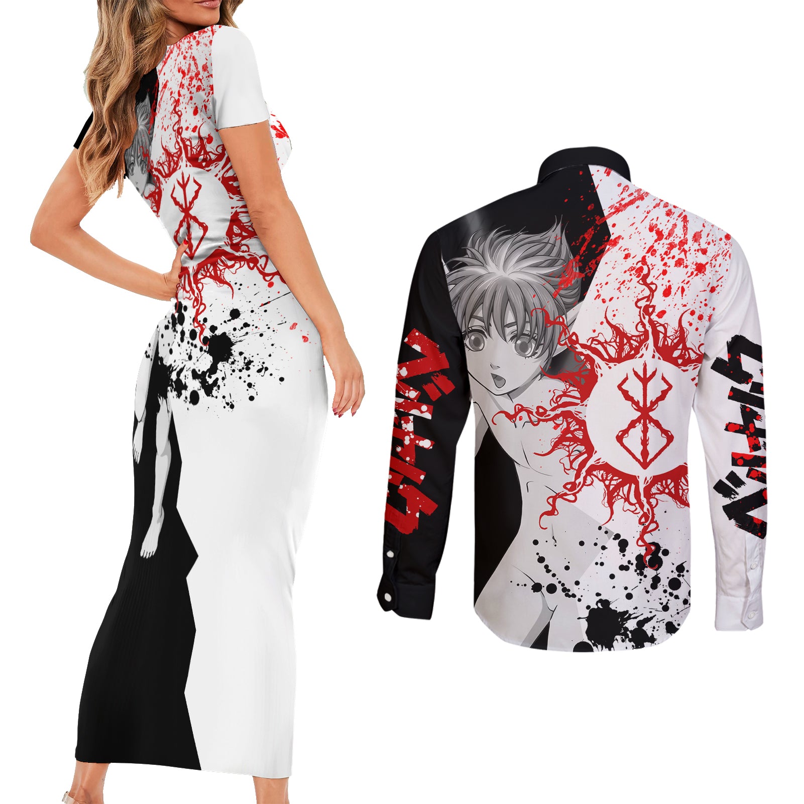 Puck Berserk Couples Matching Short Sleeve Bodycon Dress and Long Sleeve Button Shirt Grunge Blood Style