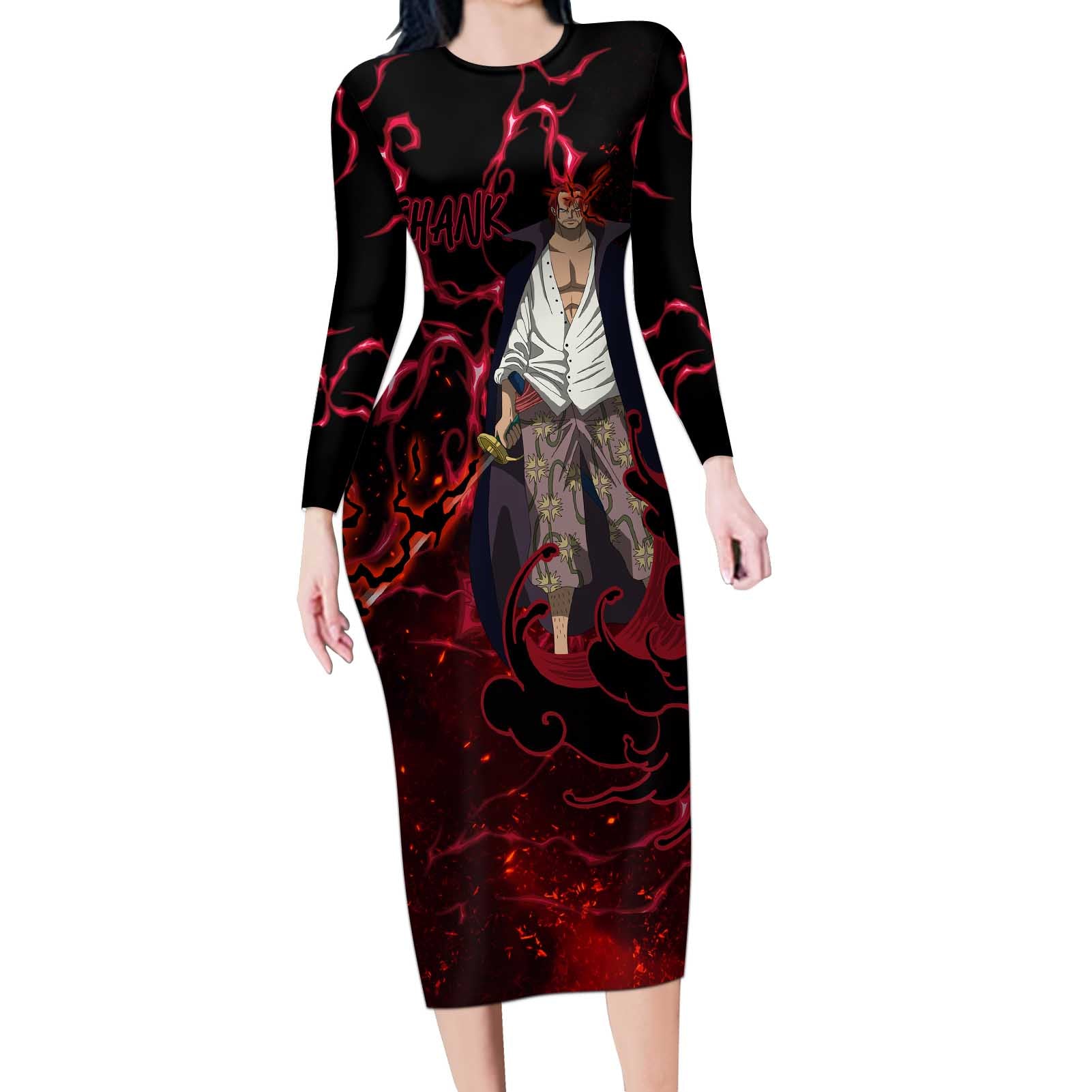 Yonko Shank - Red Hair Pirate - One Piece Long Sleeve Bodycon Dress Haki Pattern Anime Style