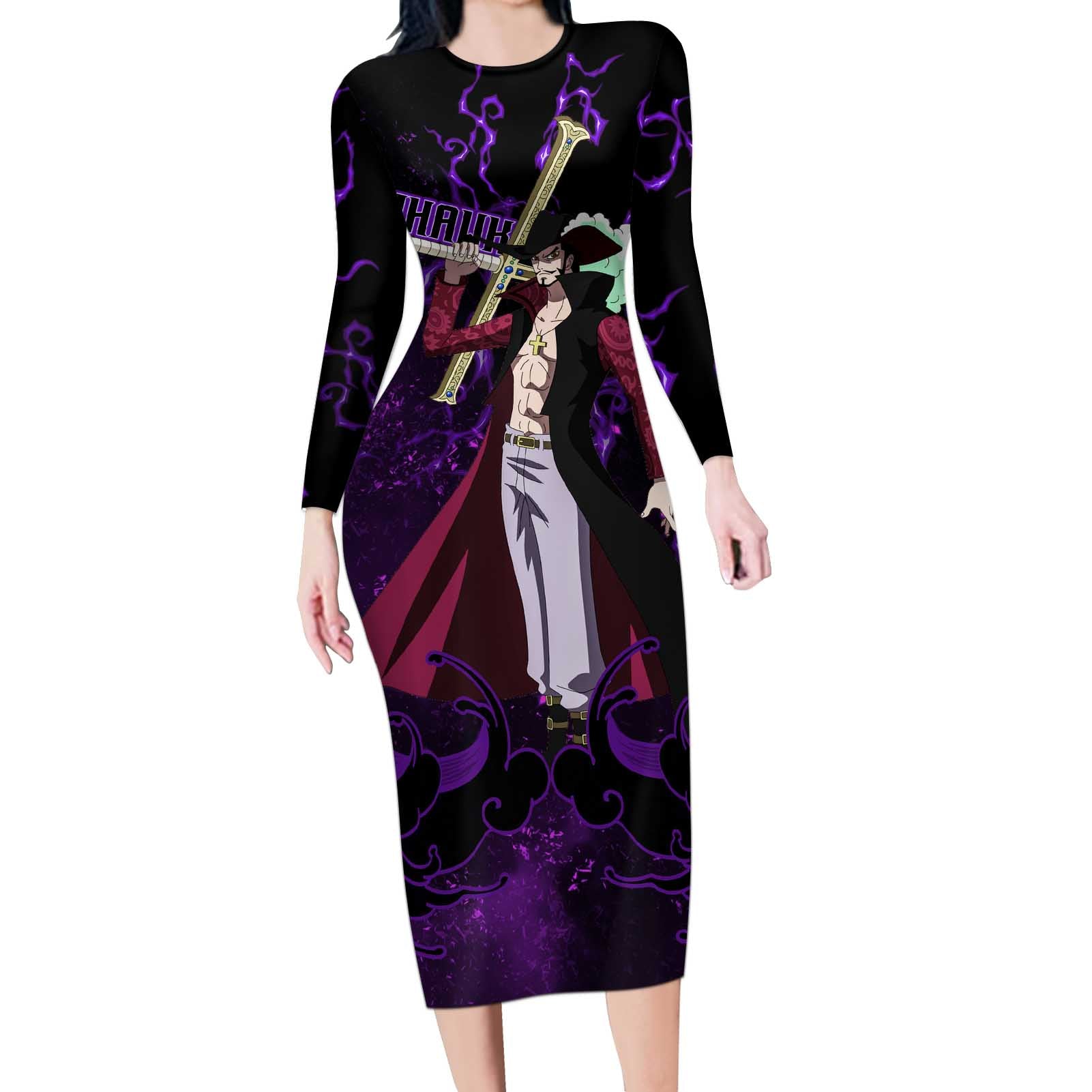 Dracule Mihawk - One Piece Long Sleeve Bodycon Dress Haki Pattern Anime Style