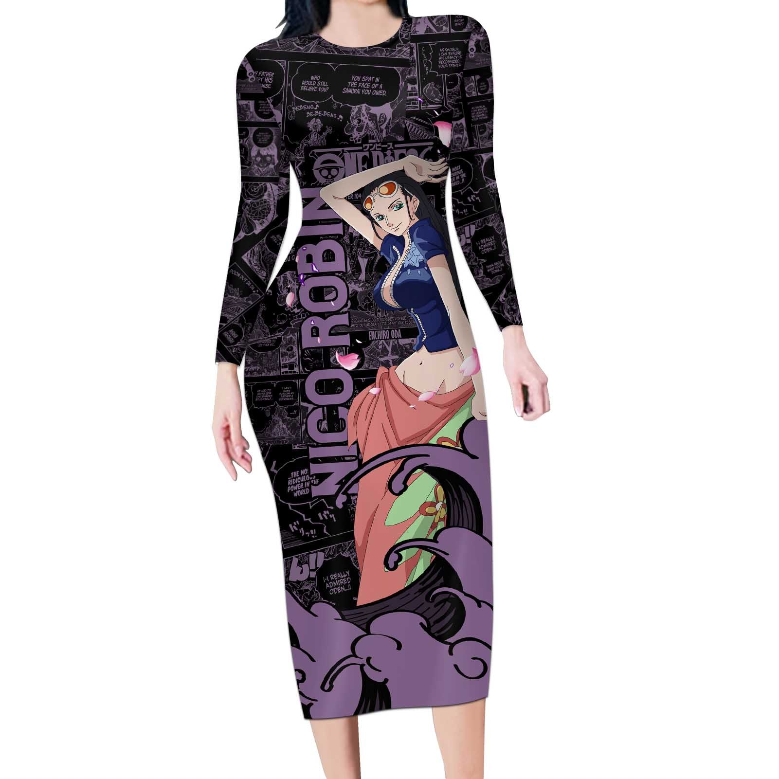 Nico Robin - One Piece Long Sleeve Bodycon Dress Pattern Manga Mix Anime Style