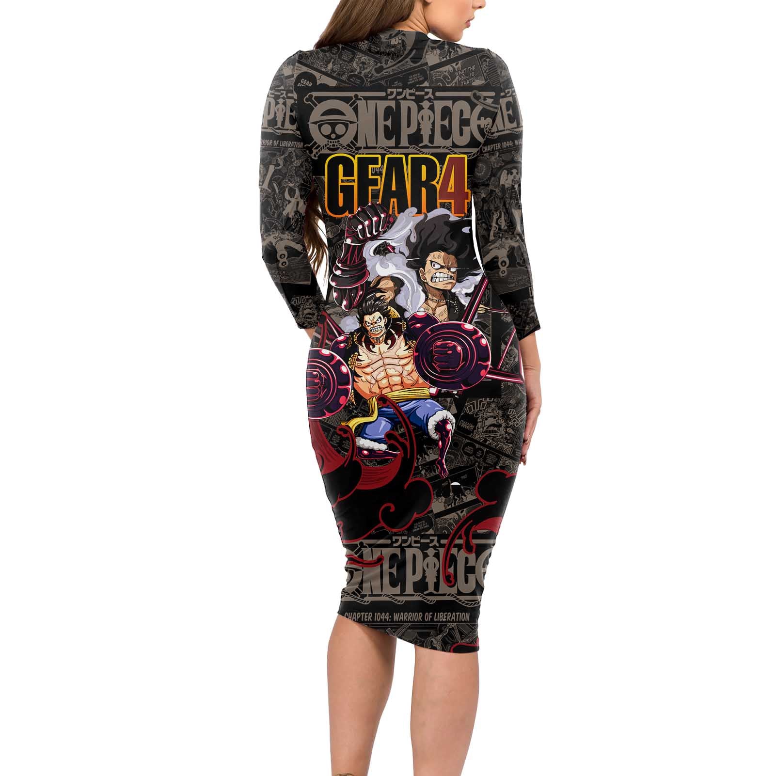 Luffy Gear 4- One Piece Long Sleeve Bodycon Dress Pattern Manga Mix Anime Style