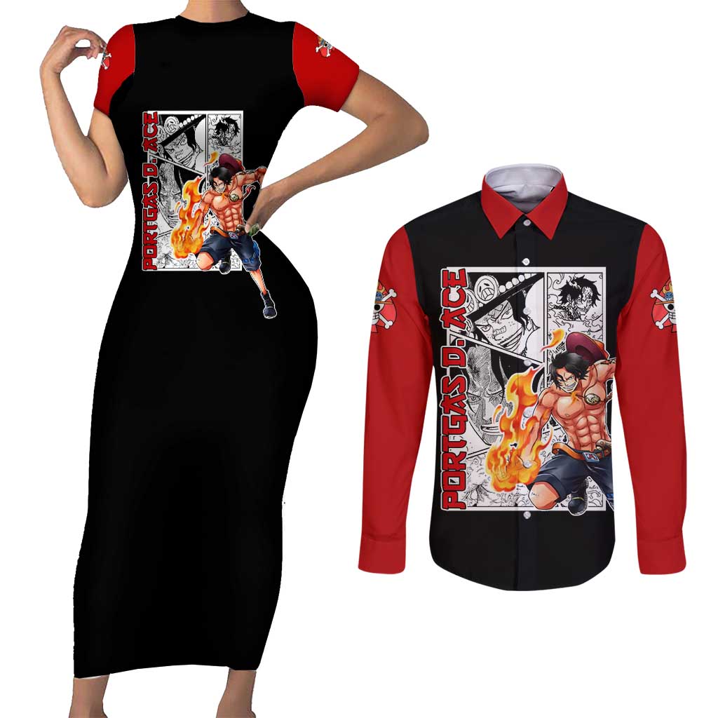 Portgas D.Ace - One Piece Couples Matching Short Sleeve Bodycon Dress and Long Sleeve Button Shirt Anime Mix Manga Style
