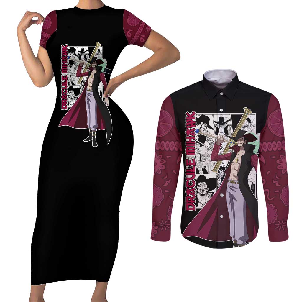 Dracule Mihawk - One Piece Couples Matching Short Sleeve Bodycon Dress and Long Sleeve Button Shirt Anime Mix Manga Style