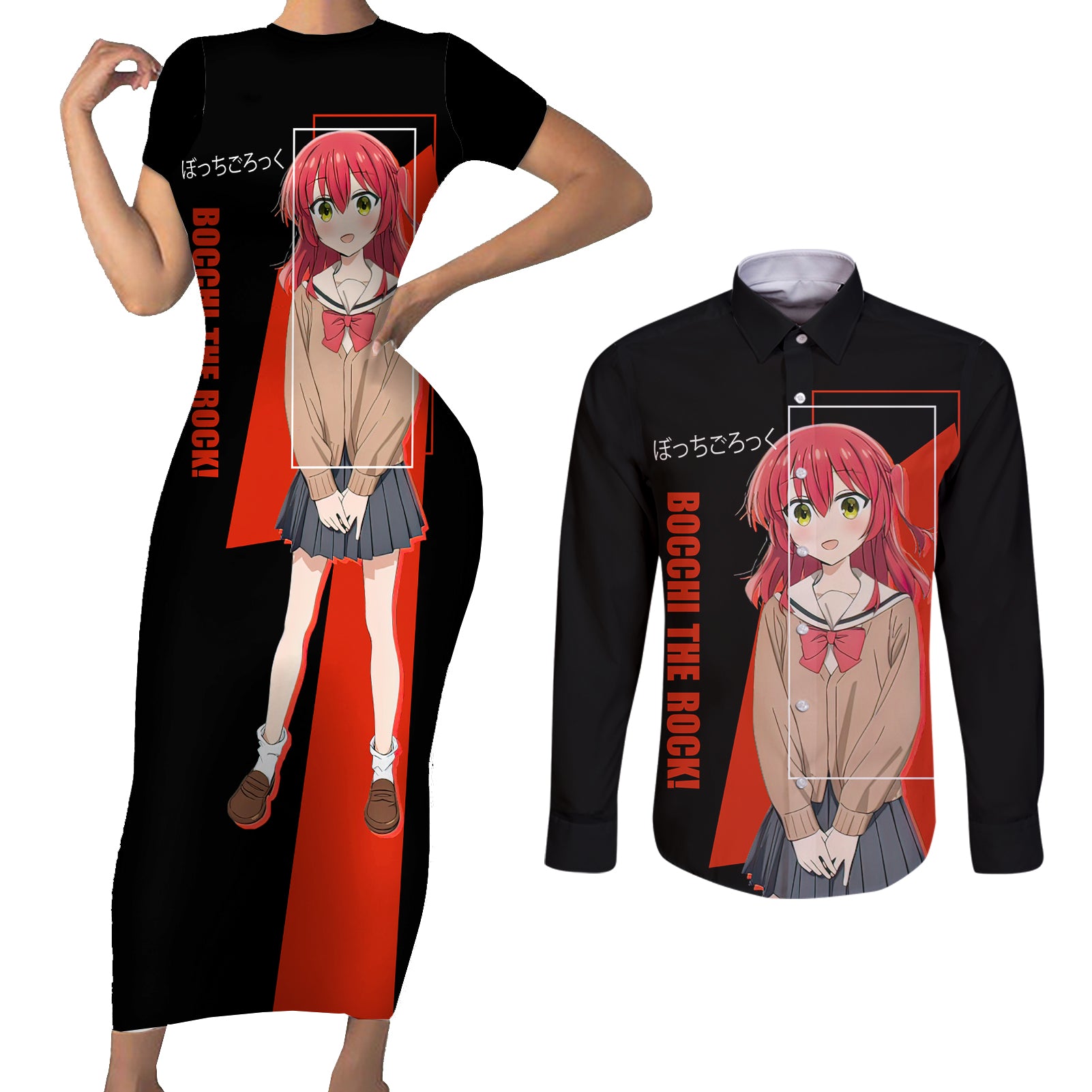 Ikuyo Kita Bochi The Rock! Couples Matching Short Sleeve Bodycon Dress and Long Sleeve Button Shirt Anime Style