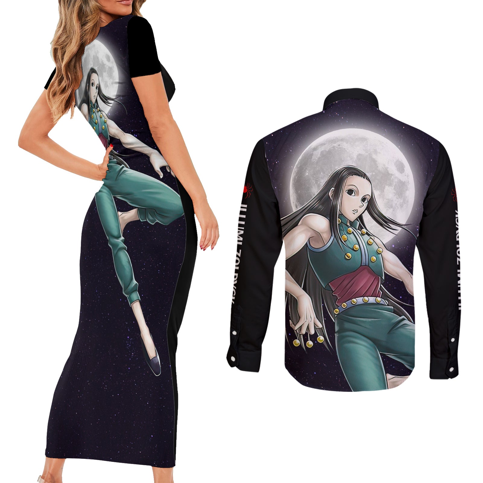 Illumi Zoldyck Phantom Troupe Hunter X Hunter Couples Matching Short Sleeve Bodycon Dress and Long Sleeve Button Shirt Anime Style