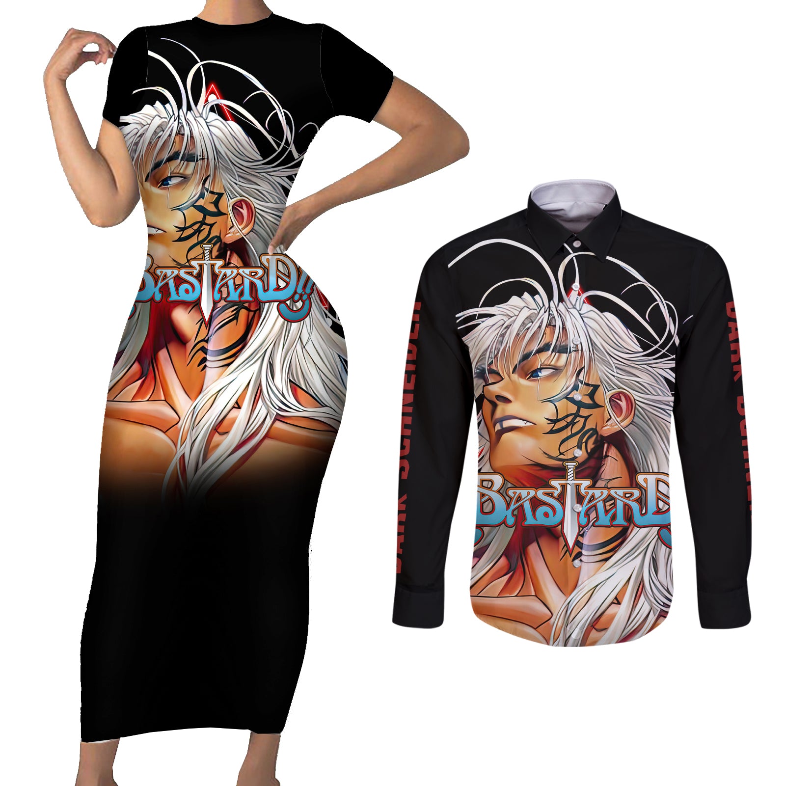Dark Schneider Basrard Couples Matching Short Sleeve Bodycon Dress and Long Sleeve Button Shirt Anime Style