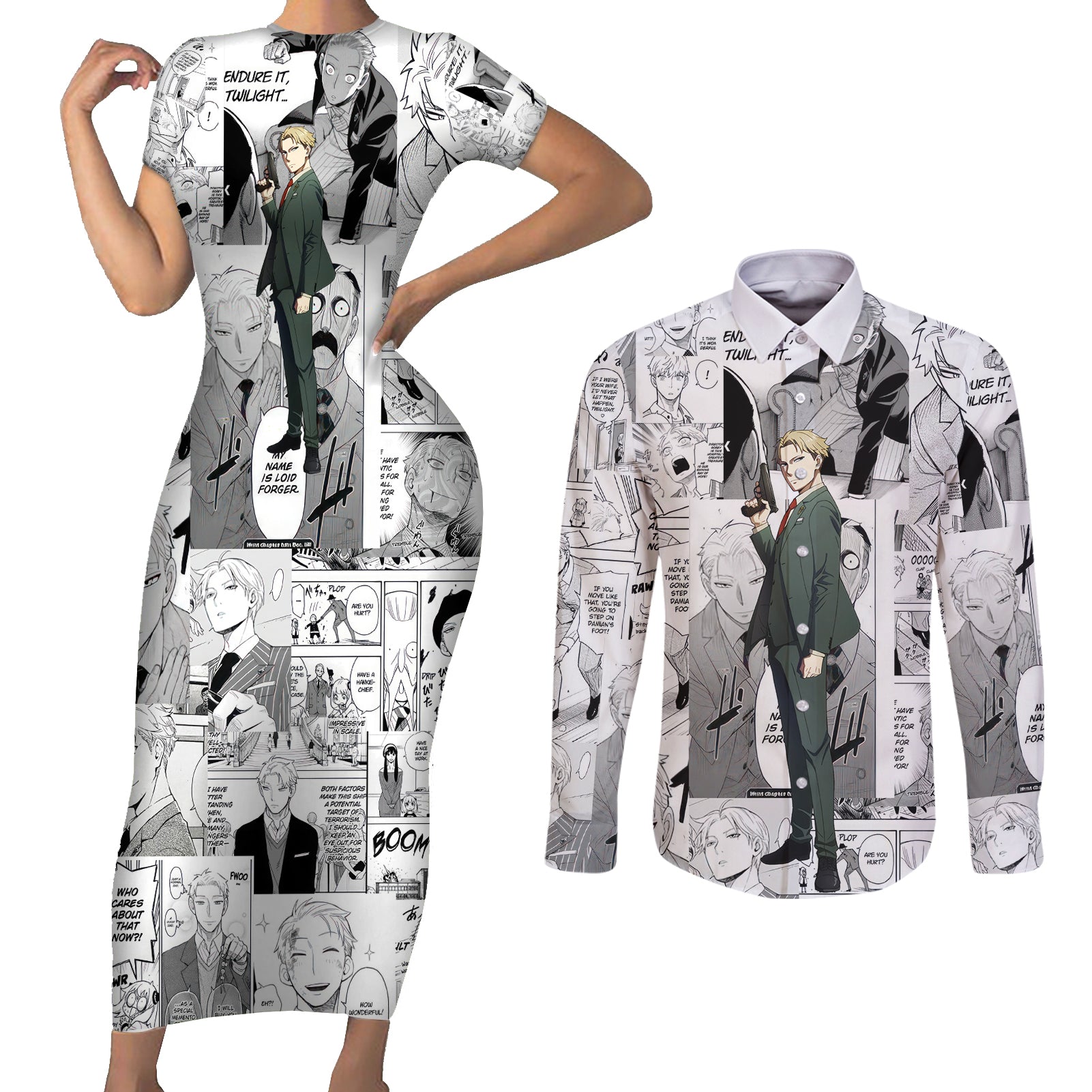 Loid Forger Spy X Family Couples Matching Short Sleeve Bodycon Dress and Long Sleeve Button Shirt Manga Mix Anime Style