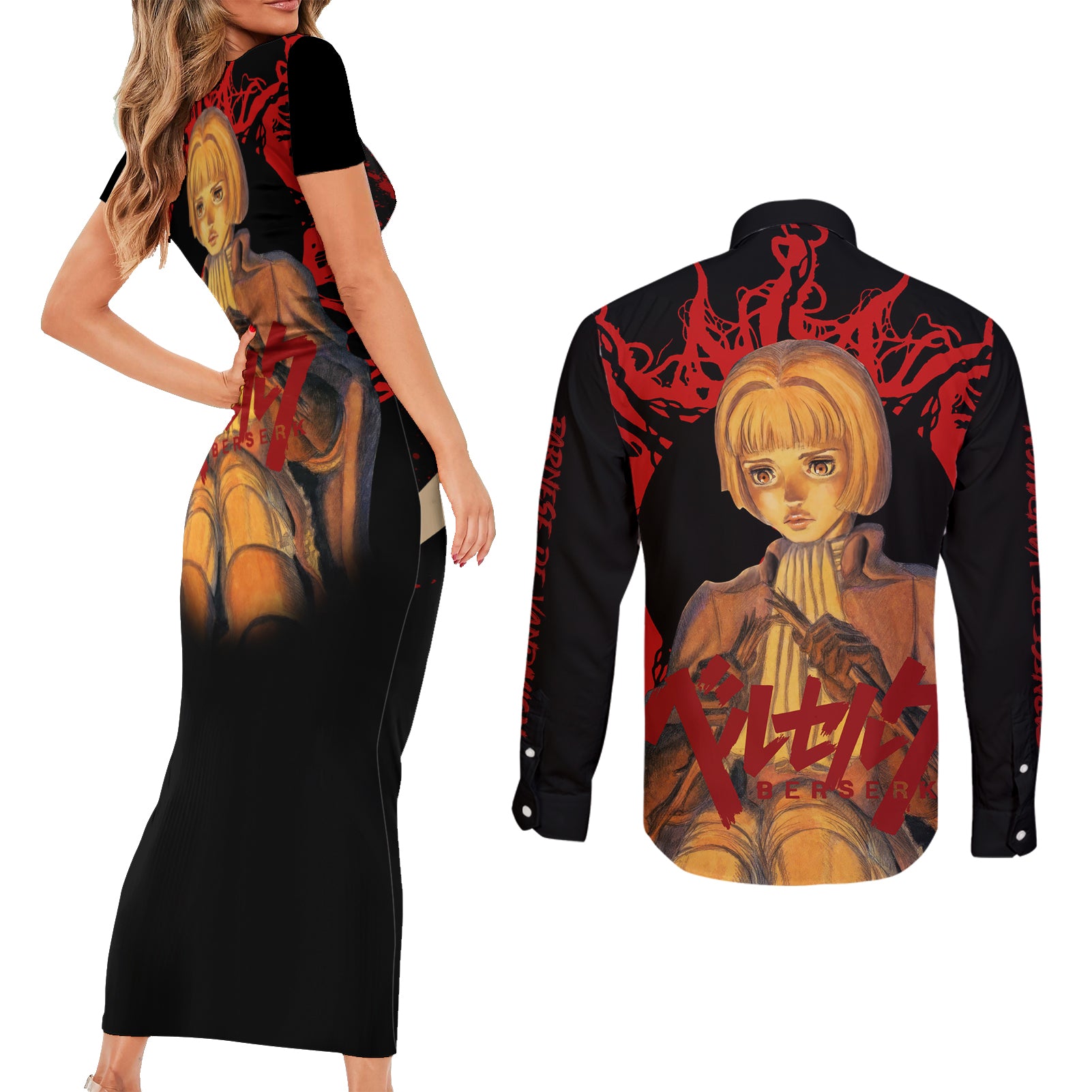 Farnese de Vandimion Berserk Couples Matching Short Sleeve Bodycon Dress and Long Sleeve Button Shirt Black Blood Style