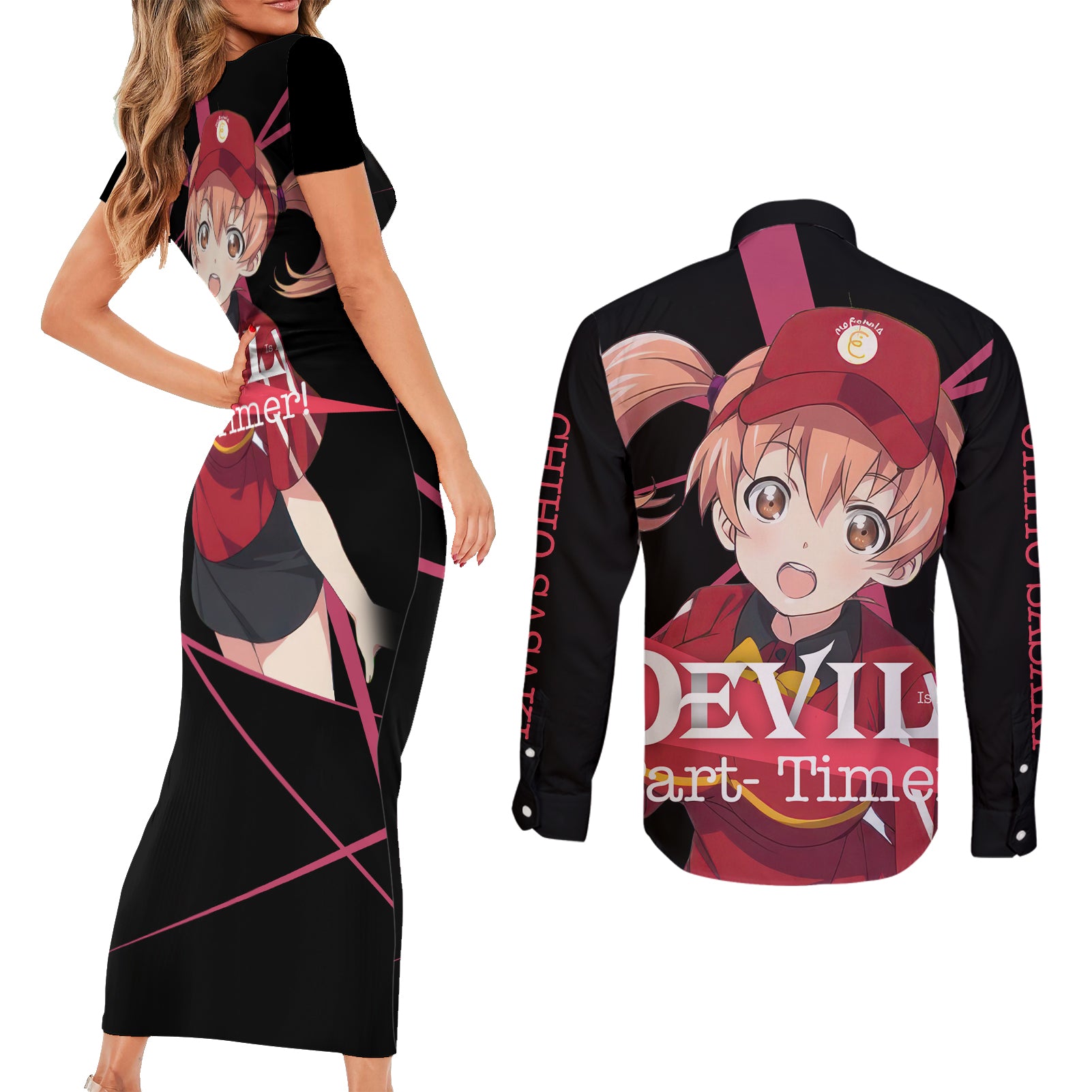 Chiho Sasaki The Devil Part Timer Couples Matching Short Sleeve Bodycon Dress and Long Sleeve Button Shirt Anime Style