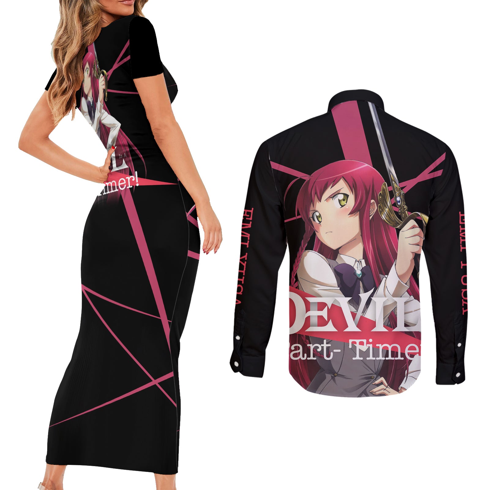 Emi Yusa The Devil Part Timer Couples Matching Short Sleeve Bodycon Dress and Long Sleeve Button Shirt Anime Style