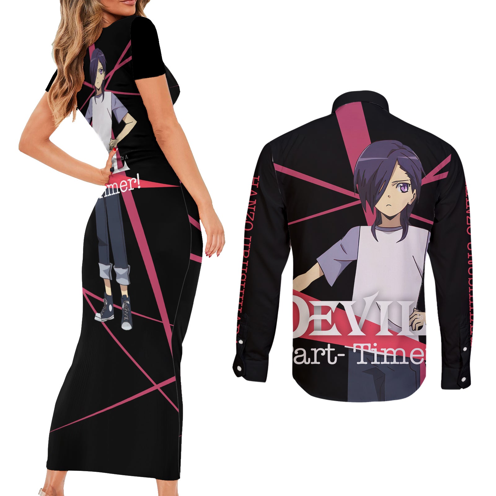 Hanzo Urushihara The Devil Part Timer Couples Matching Short Sleeve Bodycon Dress and Long Sleeve Button Shirt Anime Style