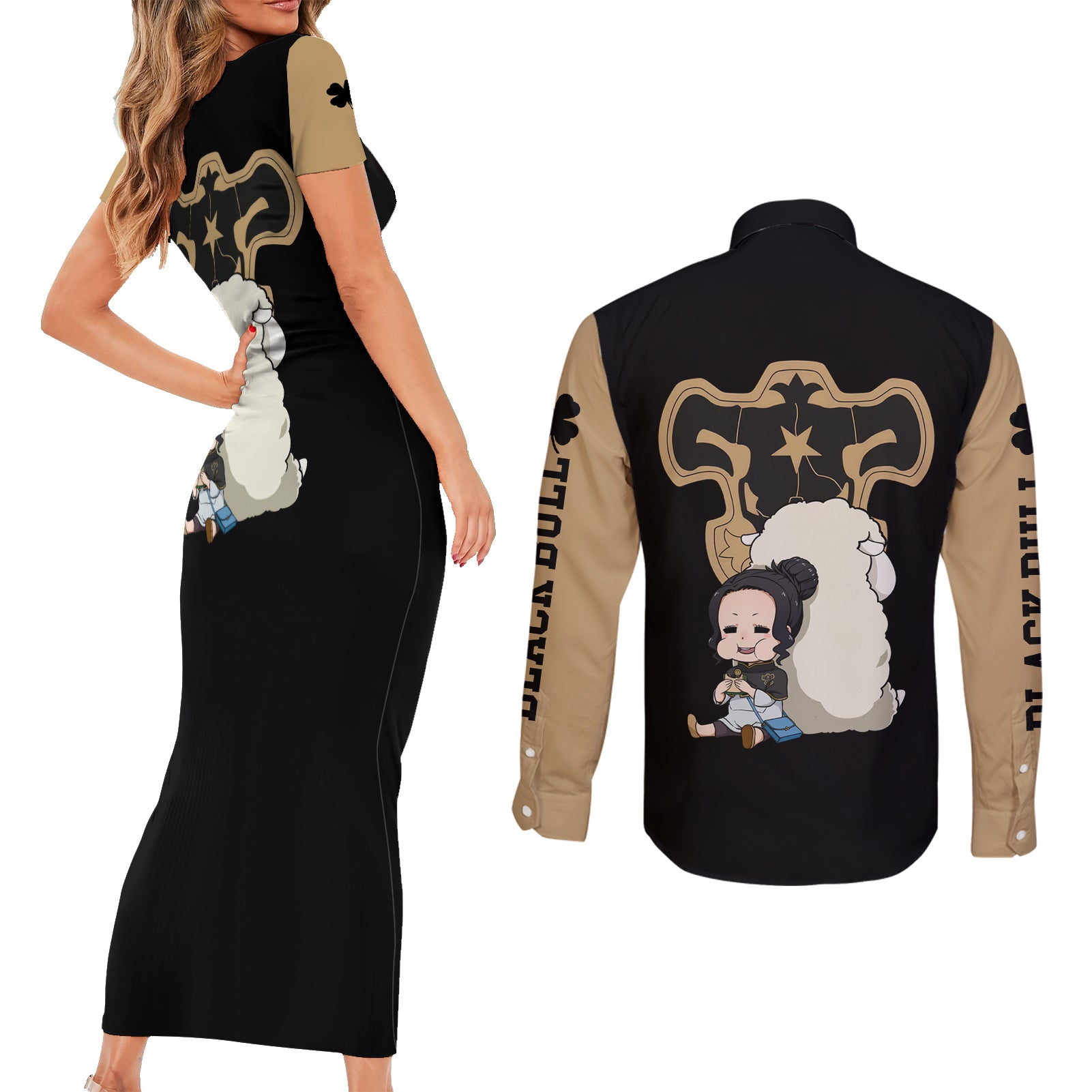 Black Bull Charmy Couples Matching Short Sleeve Bodycon Dress and Long Sleeve Button Shirt