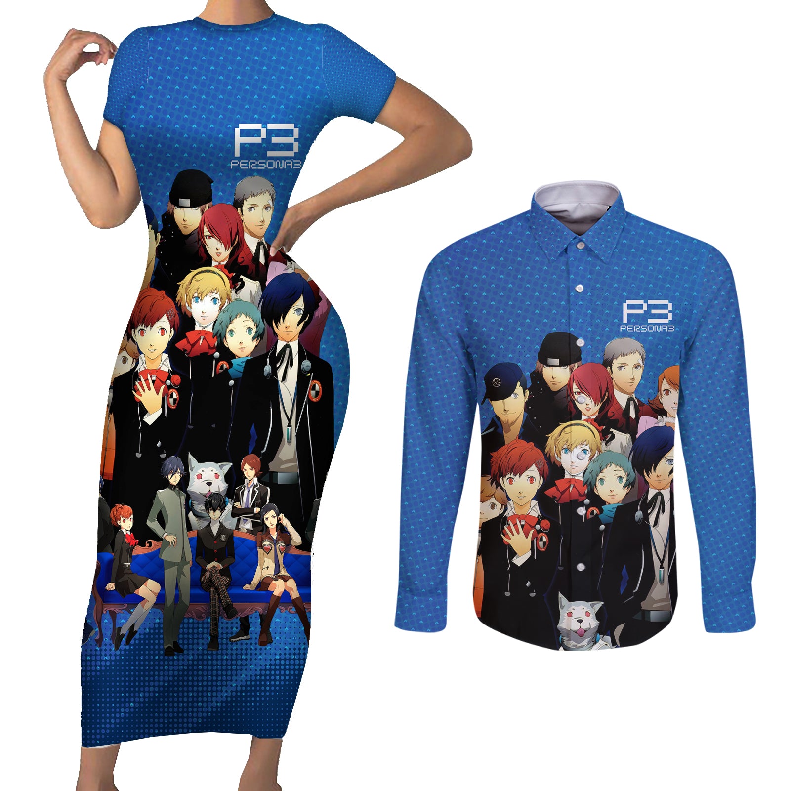 Persona 3 Team Anime Couples Matching Short Sleeve Bodycon Dress and Long Sleeve Button Shirt