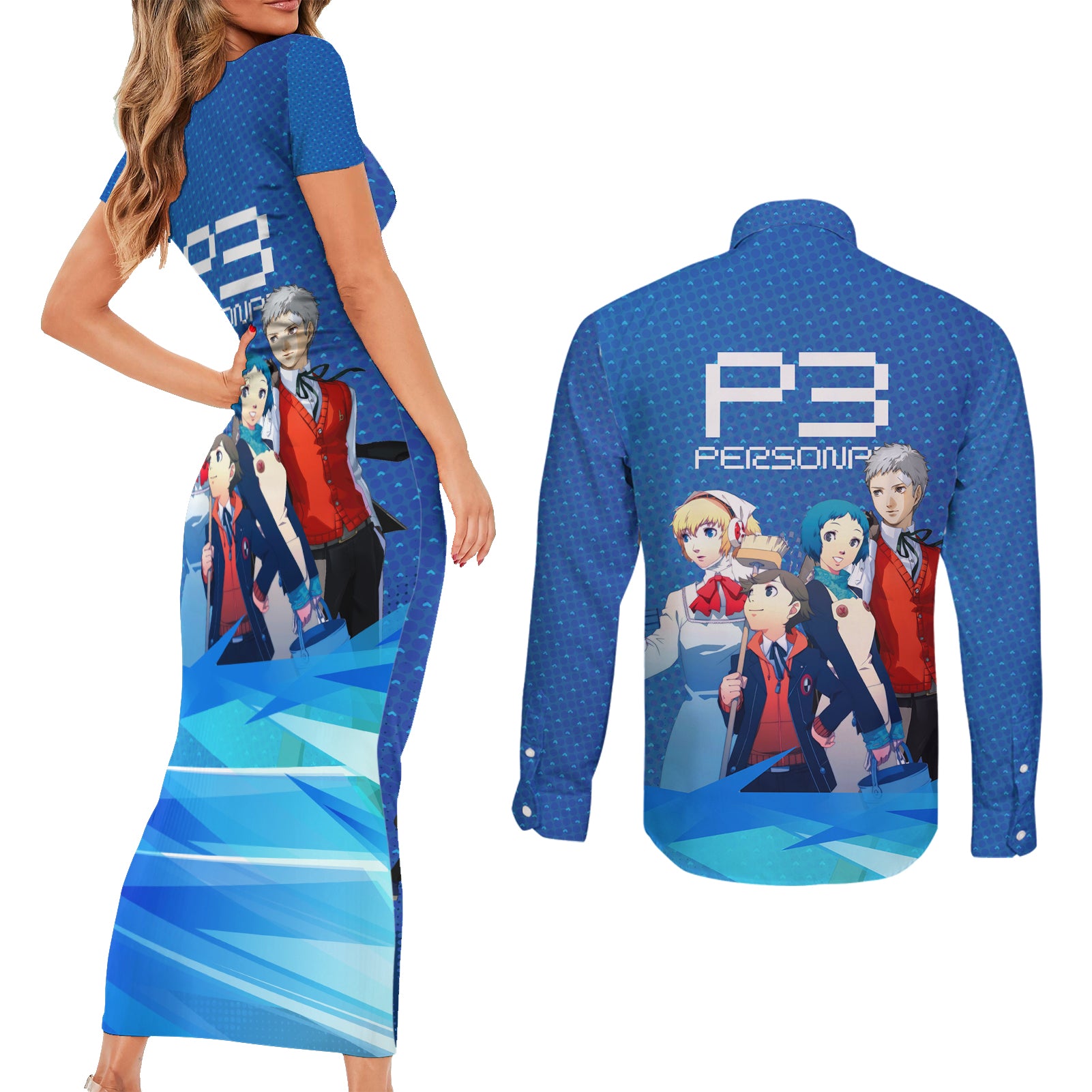 Persona 3 Team Anime Couples Matching Short Sleeve Bodycon Dress and Long Sleeve Button Shirt