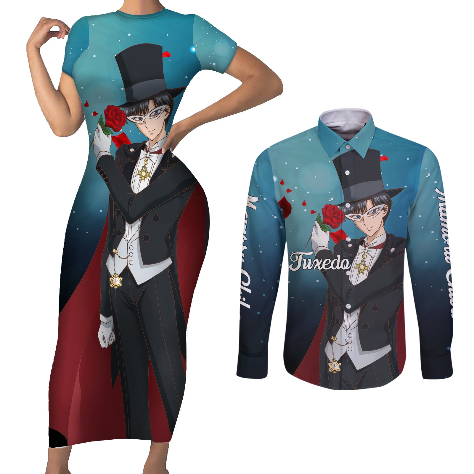 Tuxedo Anime Couples Matching Short Sleeve Bodycon Dress and Long Sleeve Button Shirt