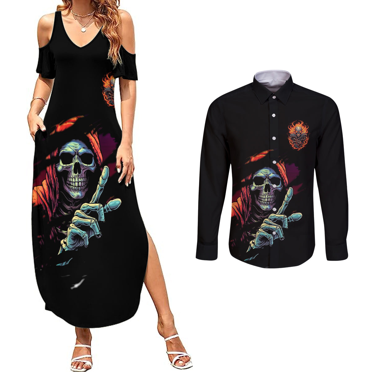 reaper-skull-couples-matching-summer-maxi-dress-and-long-sleeve-button-shirts-i-can-fix-stupid-but-its-gonna-hurt